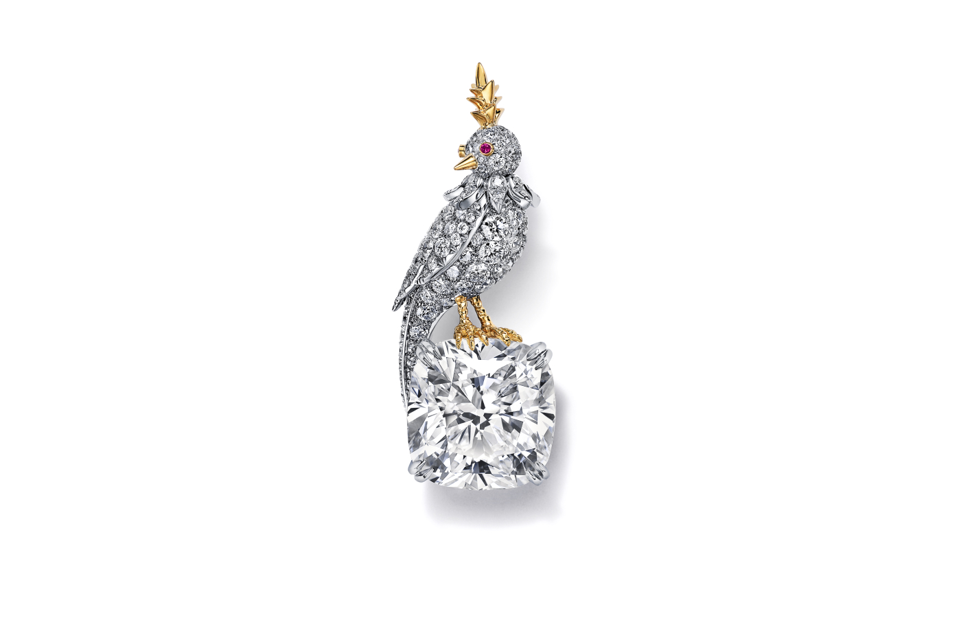  Tiffany & Co. Bird on a Rock brooch in gold, white gold, ruby, featuring a cushion cut 22-ct D colour, internally flawless white diamond 
