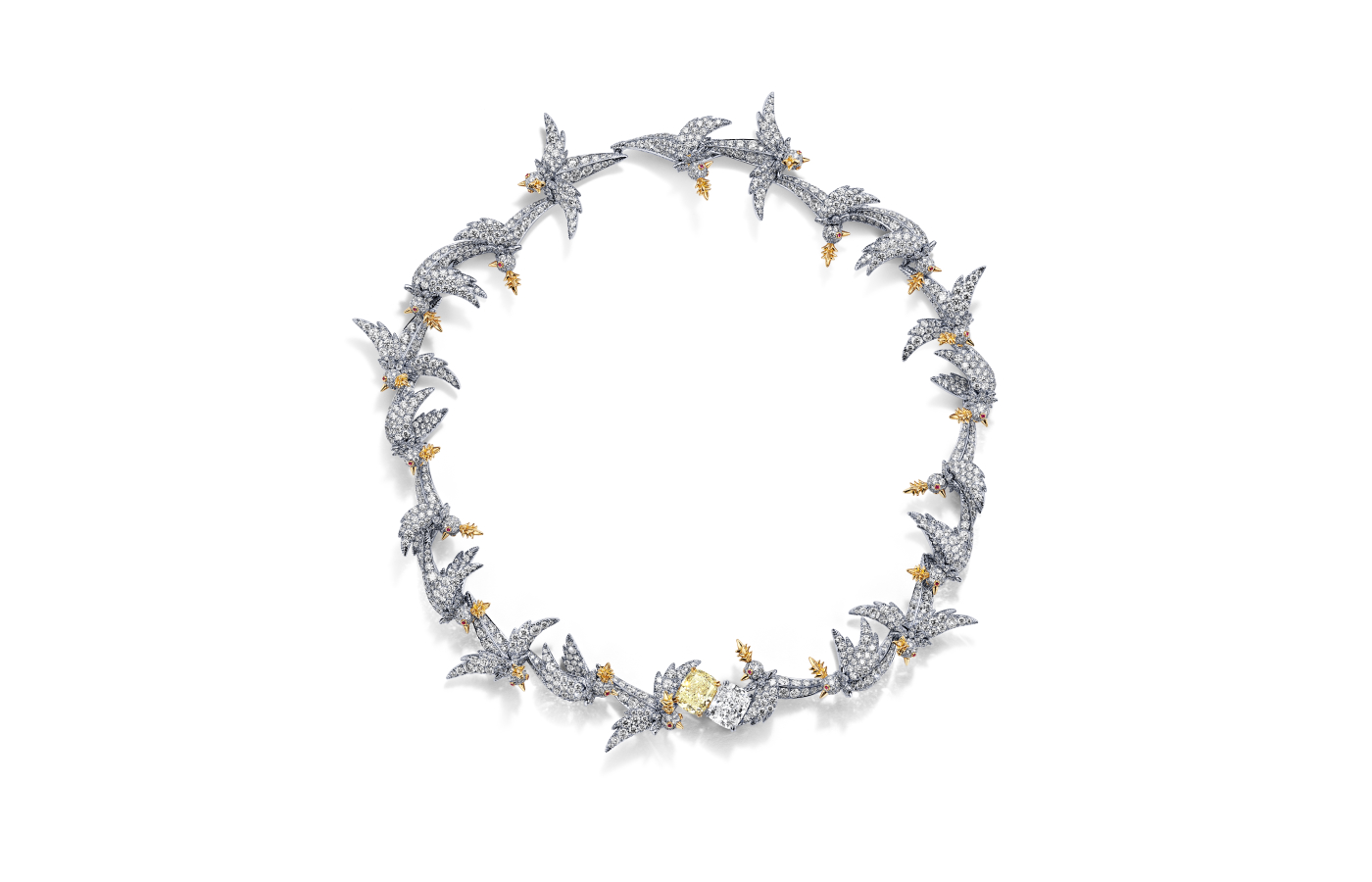 Tiffany & Co. Bird on a Rock necklace in gold, white gold, ruby, featuring yellow and white diamonds 