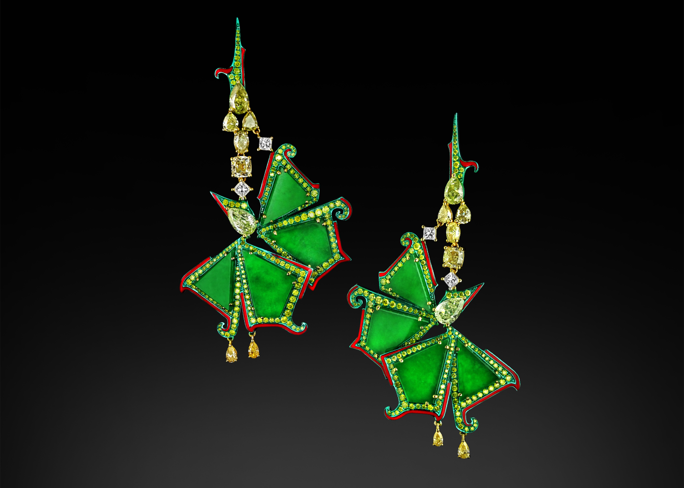 Austy Lee ‘The Butterflies' Geometry Earrings’ in 18K rose gold with Burmese green jades, red enamel and diamonds