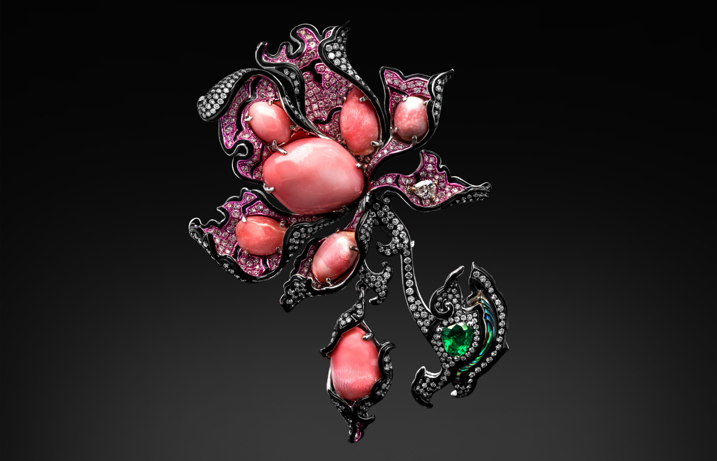 Austy Lee 'The Color of Rhódon Brooch' in 18K white gold with Caribbean conch pearls, Colombian emerald, abalone shell, black enamel and diamonds