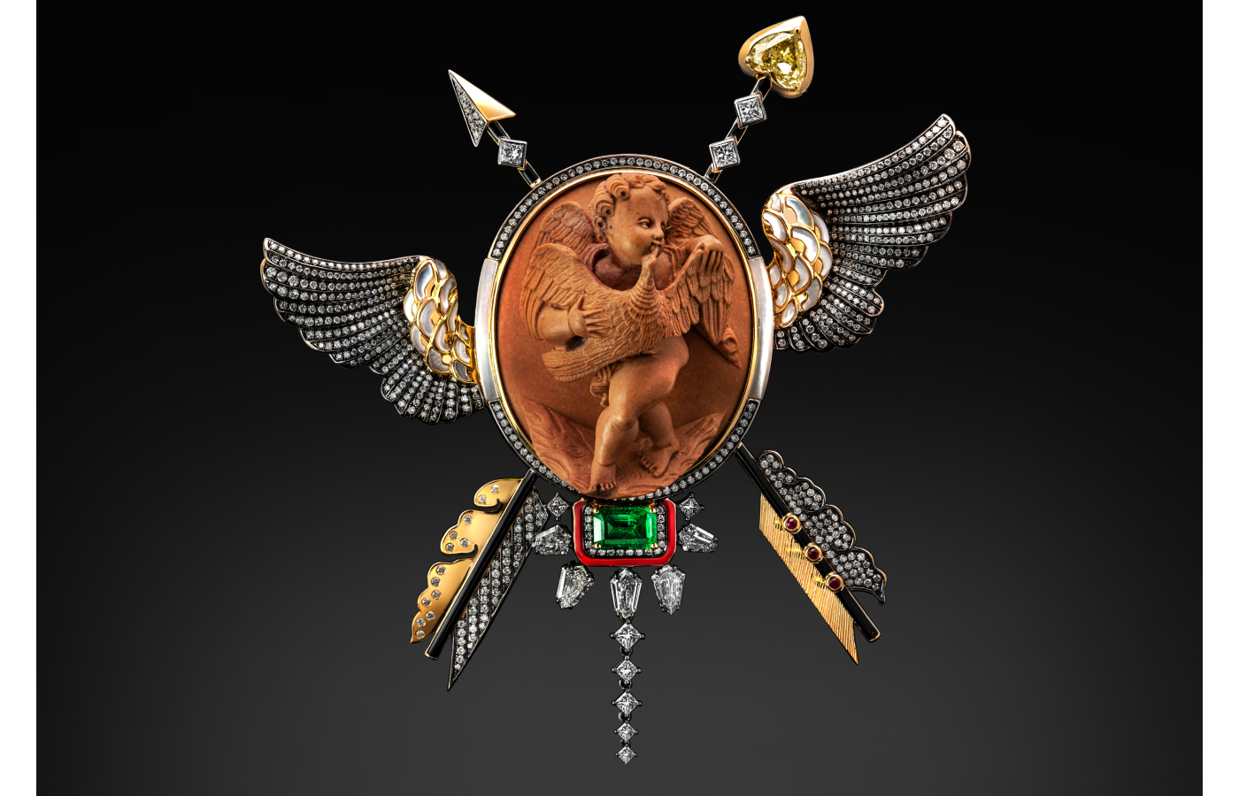  Austy Lee ‘The Lingering Cupido Brooch’ in 18K yellow gold with antique lava cameo, Zambian emerald, fancy yellow diamonds, mother of pearl, red enamel, rubies and diamonds