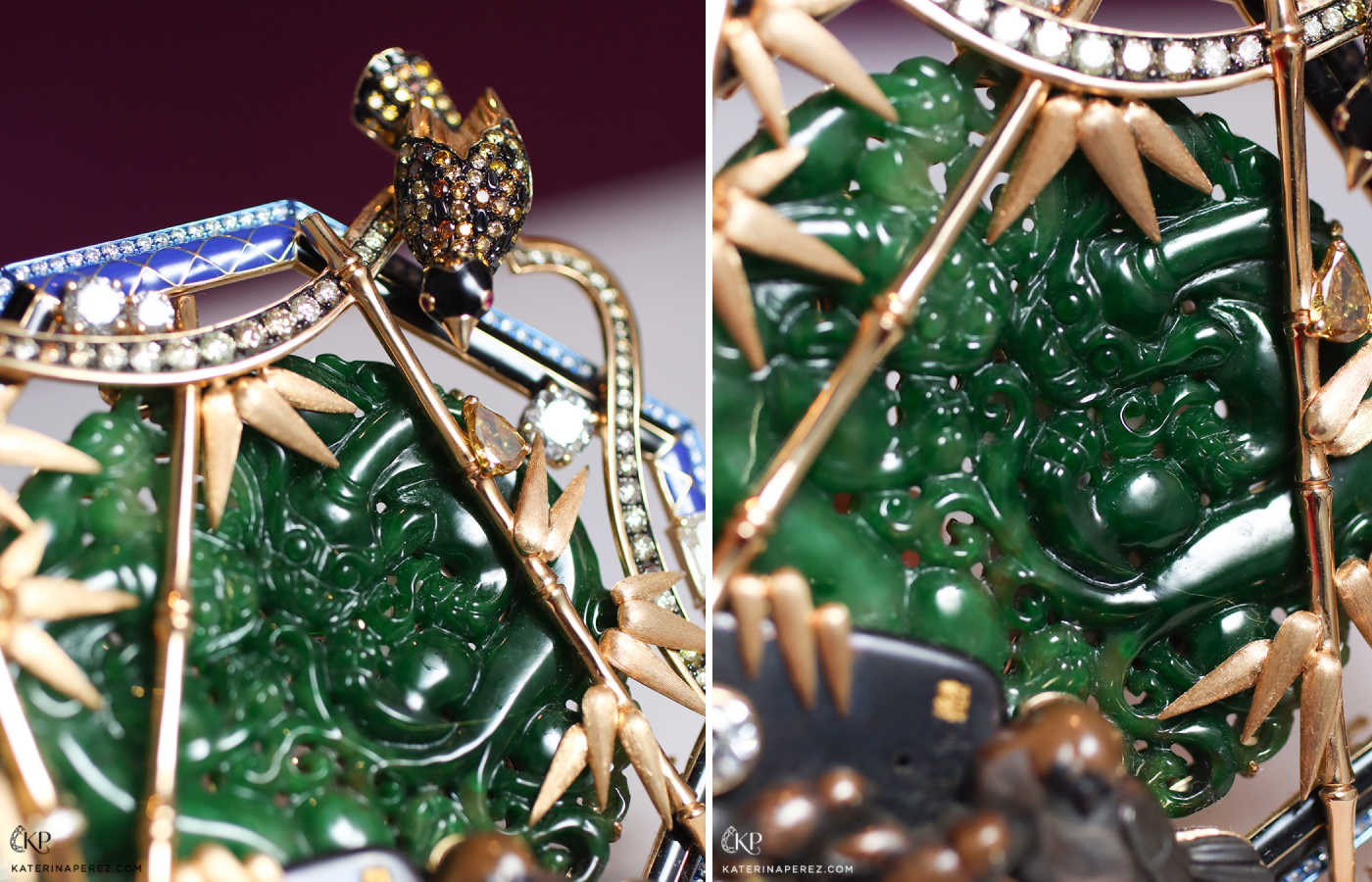  Austy Lee ‘The Ryuzen Garden Brooch’ 18K yellow gold with Meiji antique Samurai Menuki, Burmese green jades, blue and black enamel, rubies and diamonds  