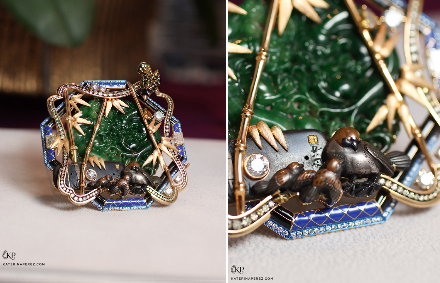 Austy Lee ‘The Ryuzen Garden Brooch’ 18K yellow gold with Meiji antique Samurai Menuki, Burmese green jades, blue and black enamel, rubies and diamonds  