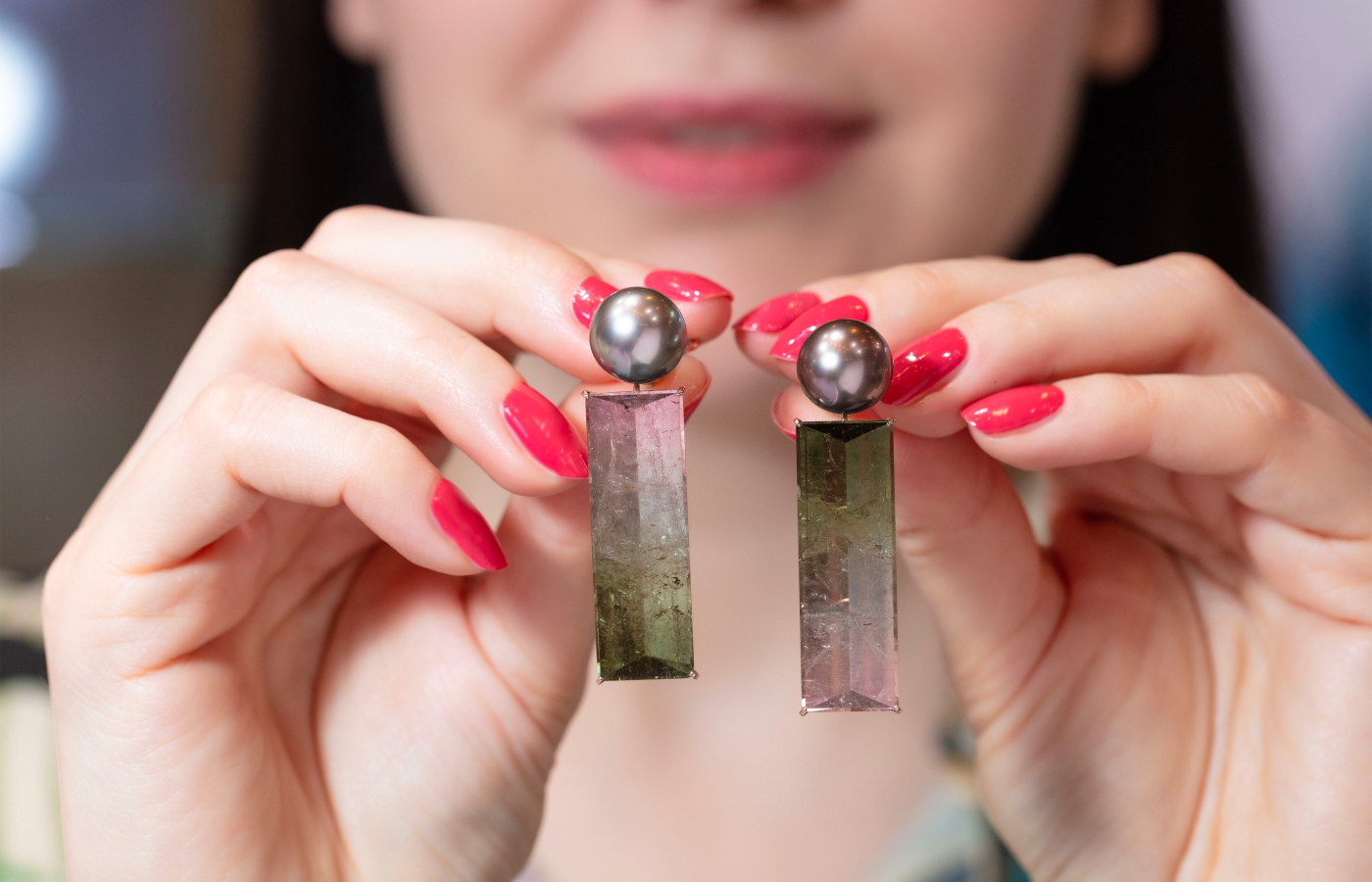 Katerina Perez with Assael pearl and tourmaline earrings