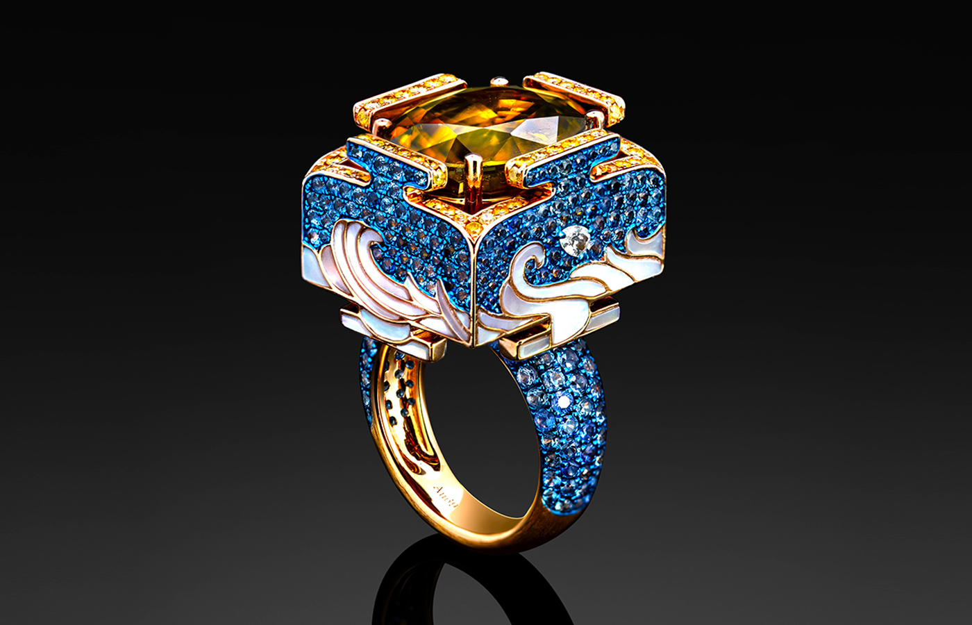 Austy Lee ‘The Holy water Flagon Ring’ in 18k rose gold with Sri Lankan sphene, blue sapphires, mother-of-pearl and diamonds