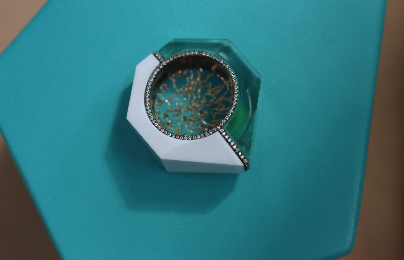  Inés Nieto Heptagon ring carved in white cacholong, rock crystal and oxidised copper with diamond micro-pavé