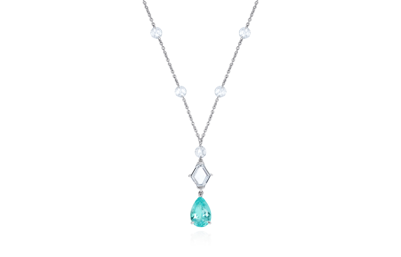  Pear-shaped Paraiba tourmaline necklace by Inés Nieto with a portrait-cut diamond 