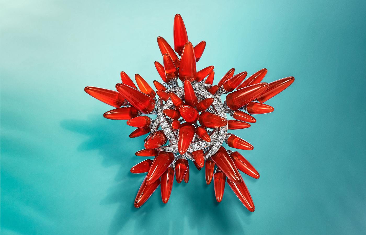 Tiffany & Co. Star Urchin brooch in platinum and 18k yellow gold with hand-carved carnelians of over 66 total carats and diamonds from the 2023 Blue Book High Jewellery collection