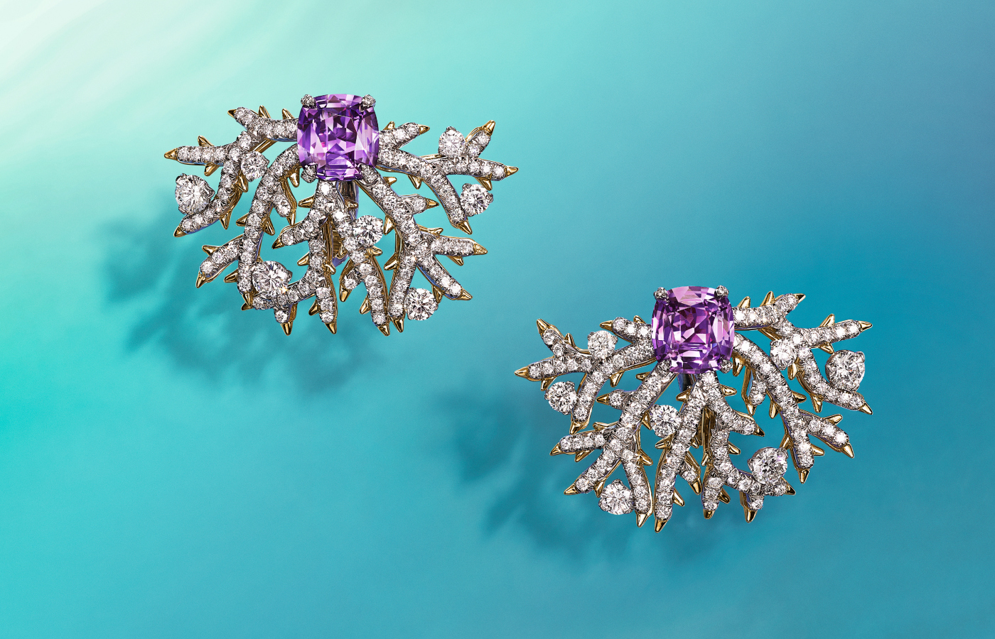  Tiffany & Co. Coral earrings in platinum and 18k yellow gold with unenhanced purplish pink sapphires of over 4 total carats and diamonds from the2023 Blue Book High Jewellery collection