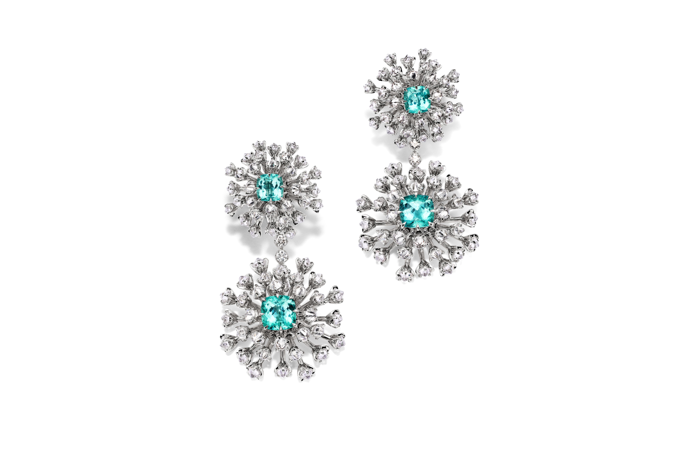  Tiffany & Co. Sea Anemone earrings in 18k white gold with blue cuprian elbaite tourmalines of over 7 total carats, turquoise and diamonds from the 2023 Blue Book High Jewellery collection