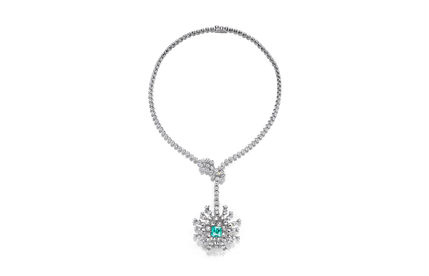 Tiffany & Co. Sea Anemone pendant in 18k white gold with a blue cuprian elbaite tourmaline of over 6 carats, turquoise and diamonds from the 2023 Blue Book High Jewellery collection 