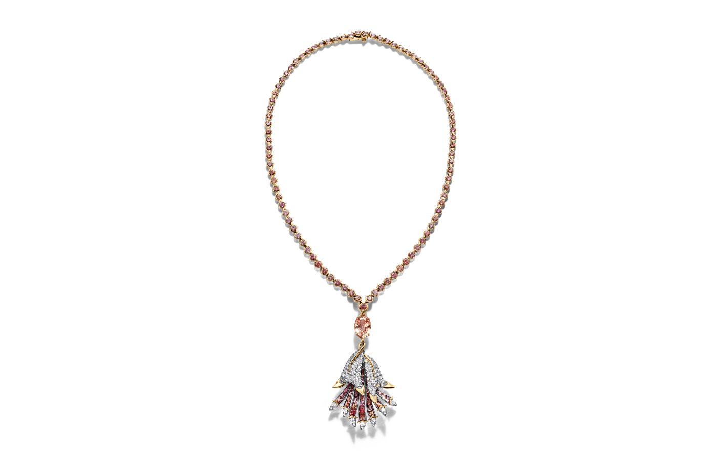 Tiffany & Co. Pisces pendant in platinum and 18k yellow gold with an unenhanced esteemed Sri Lankan padparadscha sapphire of over 8 carats, unenhanced Umba sapphires and diamonds from the 2023 Blue Book High Jewellery collection
