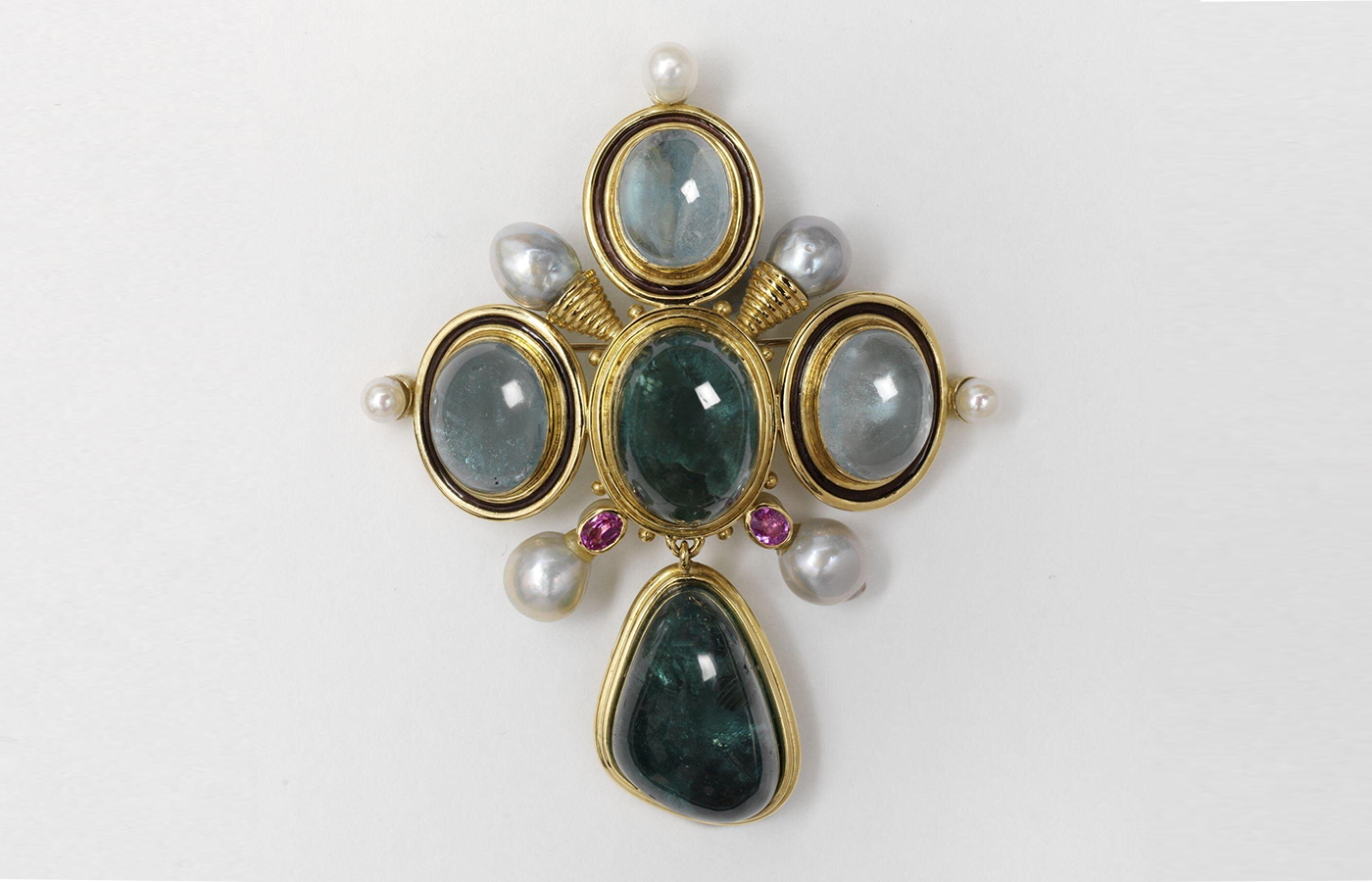 The Kiss Pin by Elizabeth Gage (1972-3) with tourmalines, aquamarines, rubies, cultured pearls, gold and enamel, from the permanent collection of the Victoria and Albert museum 