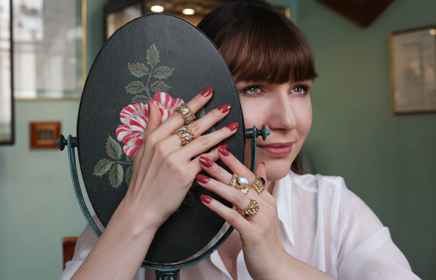 Katerina Perez wears Elizabeth Gage Agincourt rings - one of the brand's most recognisable creations 