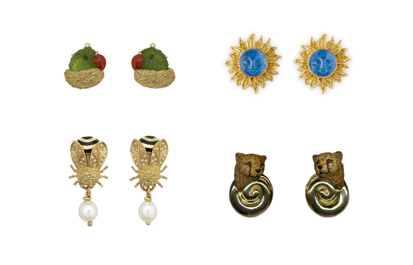  A quartet of earrings by Elizabeth Gage including (clockwise from L-R) the Peridot Parrot earrings with diamonds, the Sun and Moon earrings with rock crystal, the Cheetah earrings with petrified palm tree, and the Bee earrings with cultured pearls