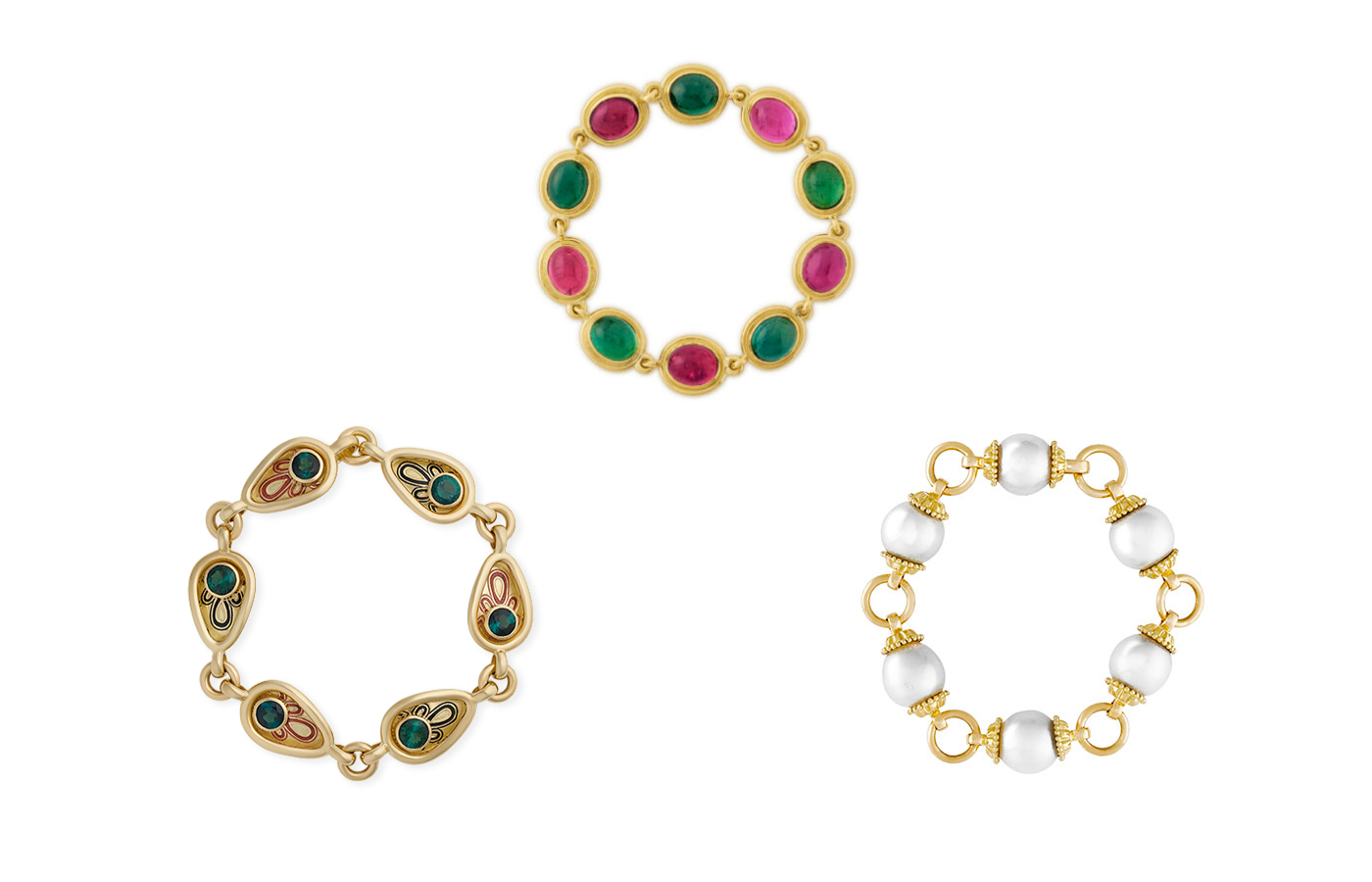  A trio of bracelets by Elizabeth Gage including (from L-R) the Peacock bracelet with tourmalines and enamel, the Pink & Green Tourmaline bracelet, and the South Sea cultured pearl bracelet, all in 18k yellow gold
