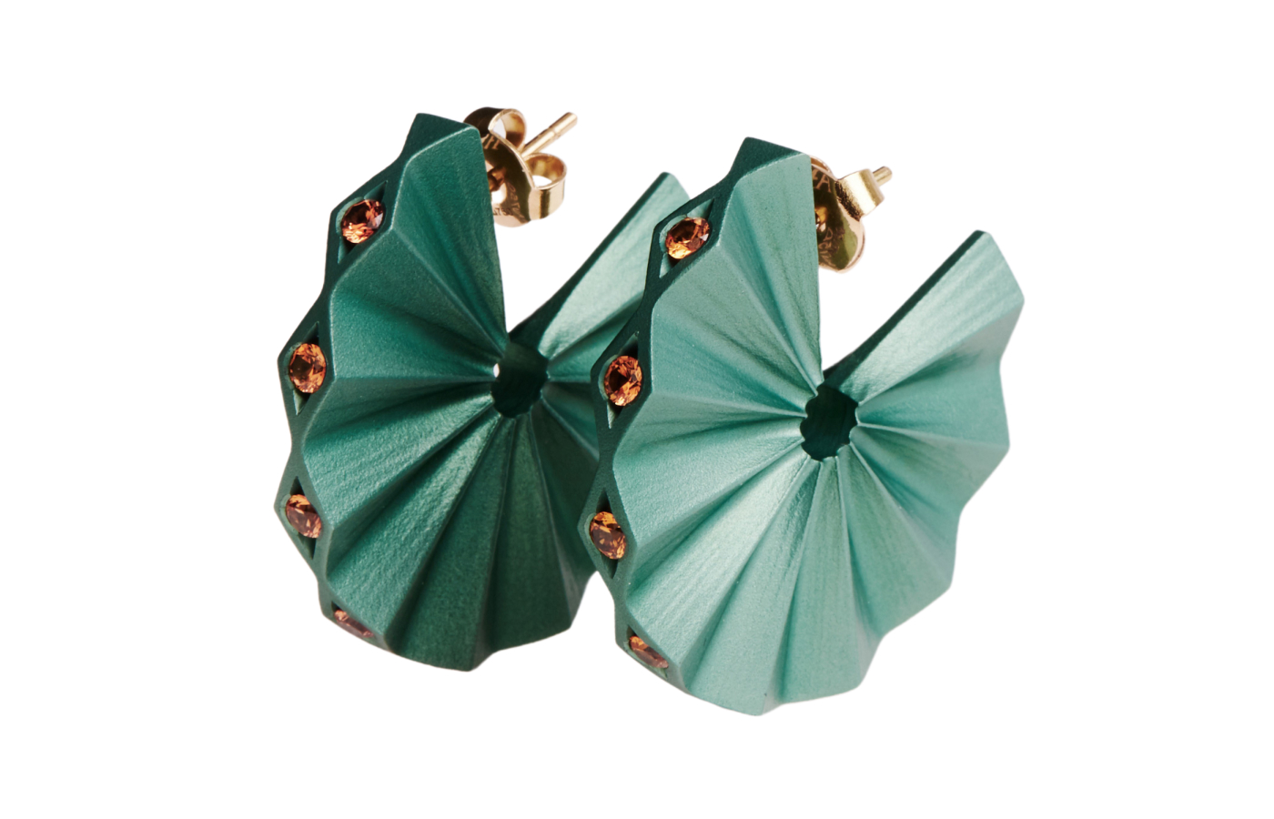 Sonia Lacroix for AALTAS Mambo Mini earrings in Olive aluminium, gold and orange sapphire