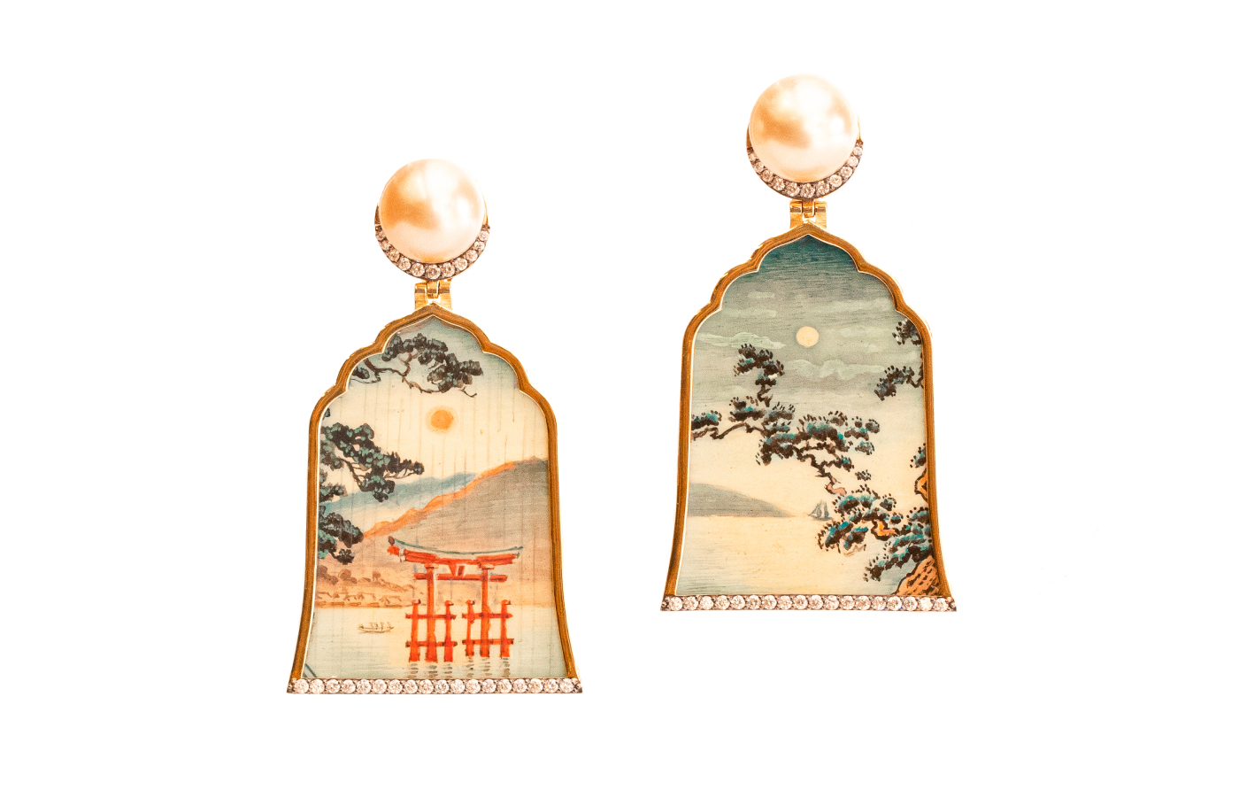 Silvia Furmanovich Japanese Landscape earrings in miniature painting set in gold with diamond and white pearls