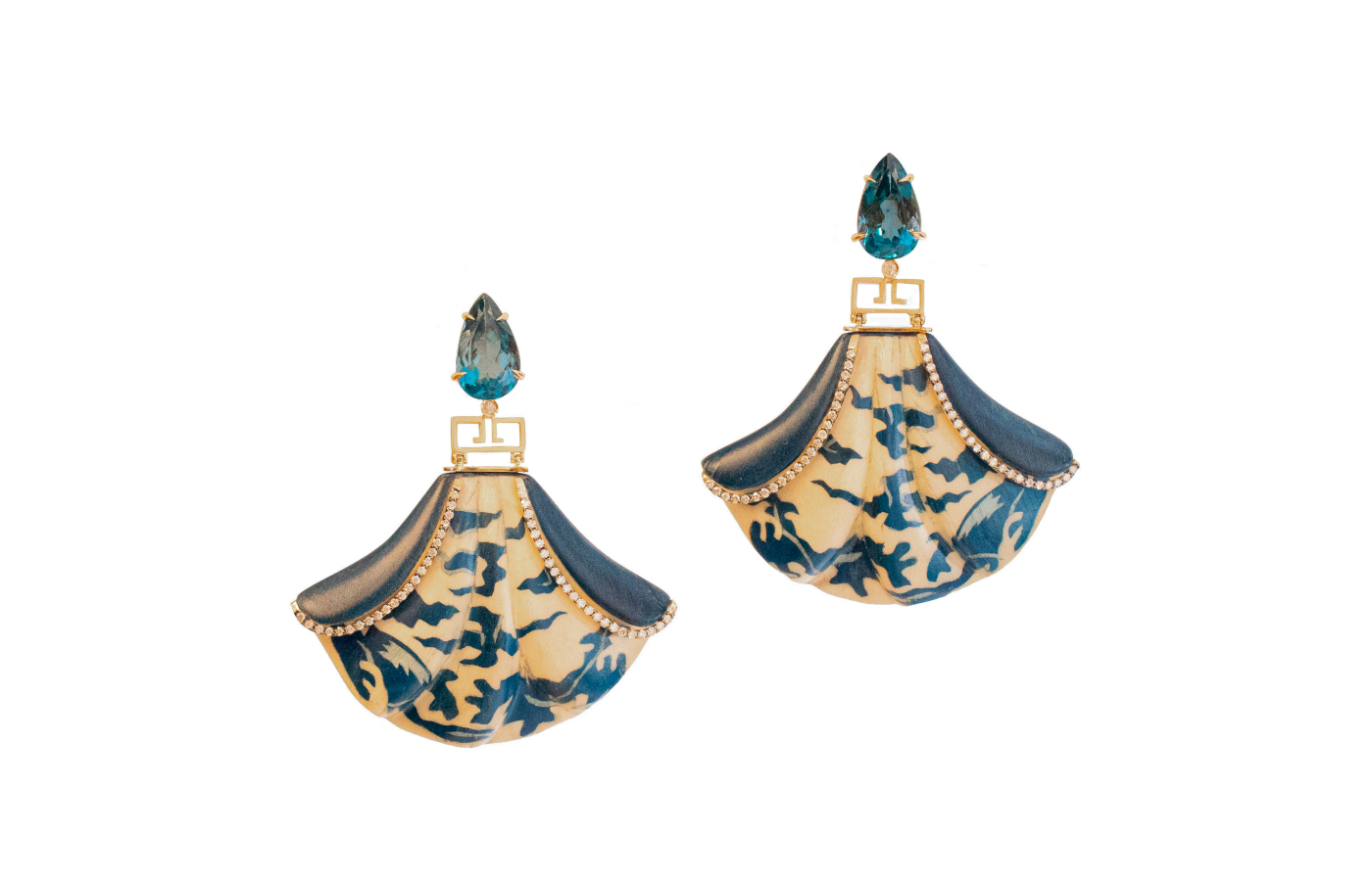  Silvia Furmanovich Blue & White China earrings in wood marquetry set in gold with diamond and blue topaz