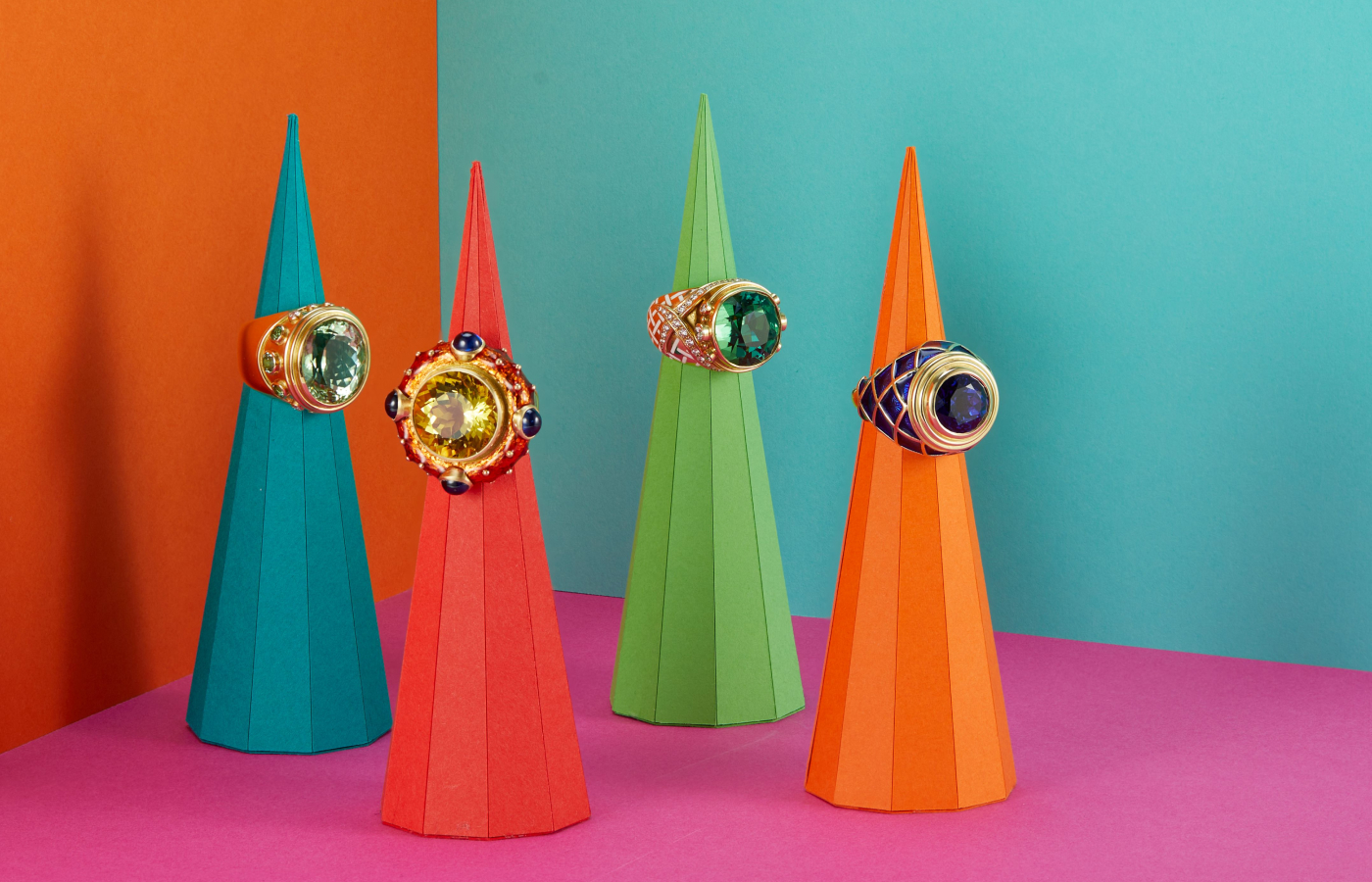 A selection of Elizabeth Gage Cocktail rings in gold and precious gemstones