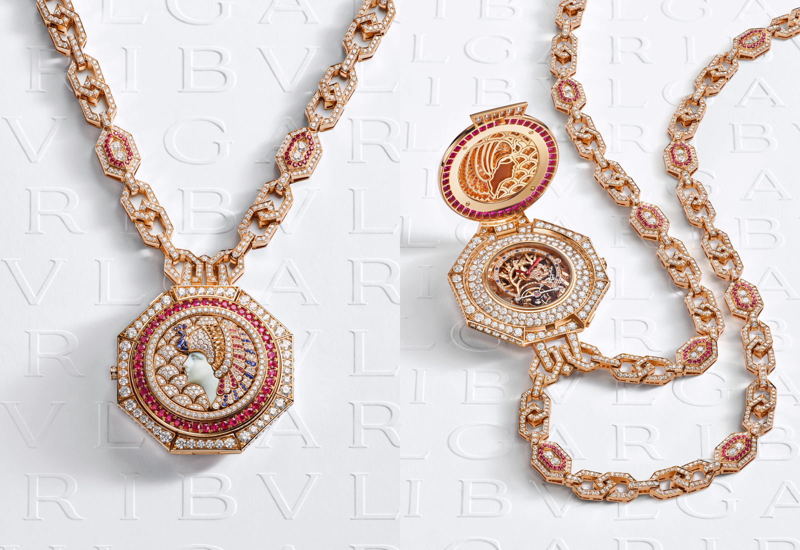 Bulgari Cameo Imperiale Secret Necklace watch in rose gold, ruby, sapphire and diamond 