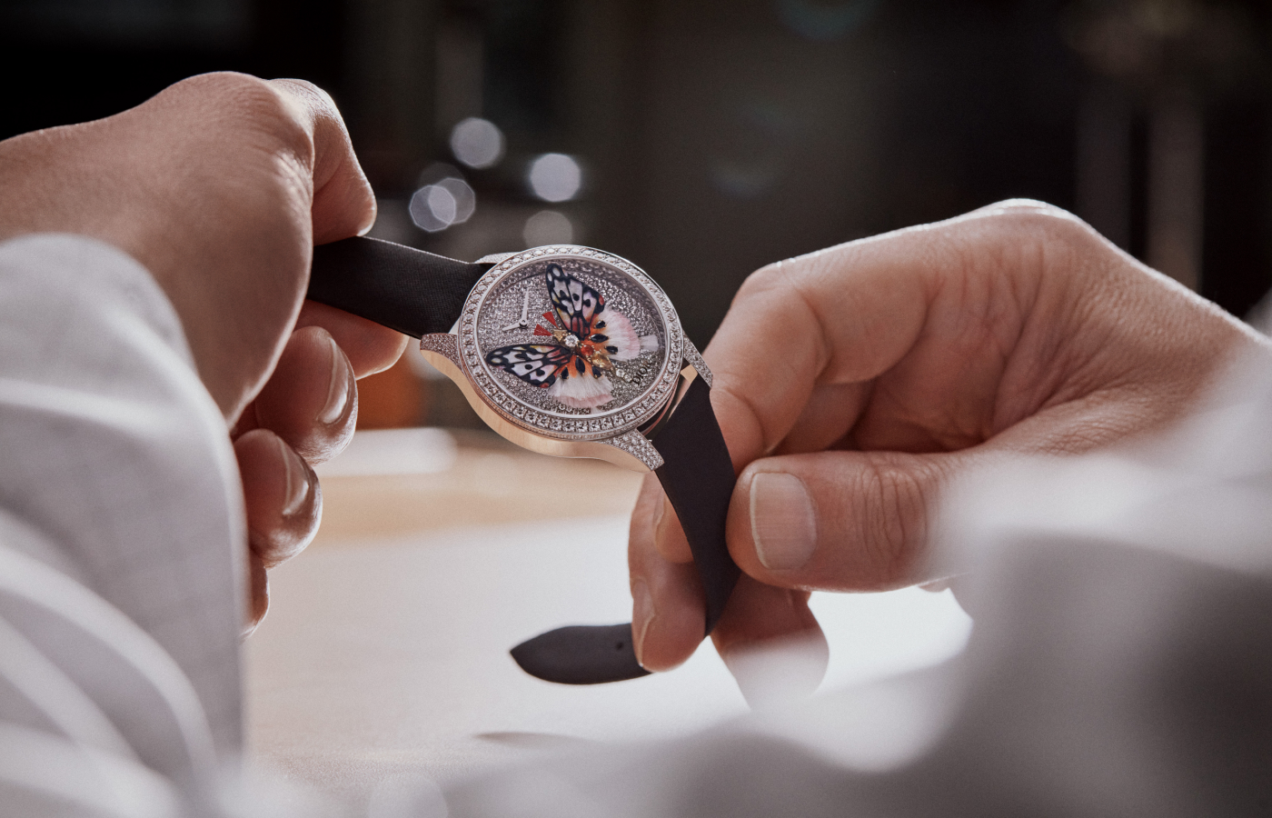Dior Grand Soir Papillon watch in gold, white gold, mother-of-pearl, Gallus gallus feather, sapphire, opal, spinel and diamond 