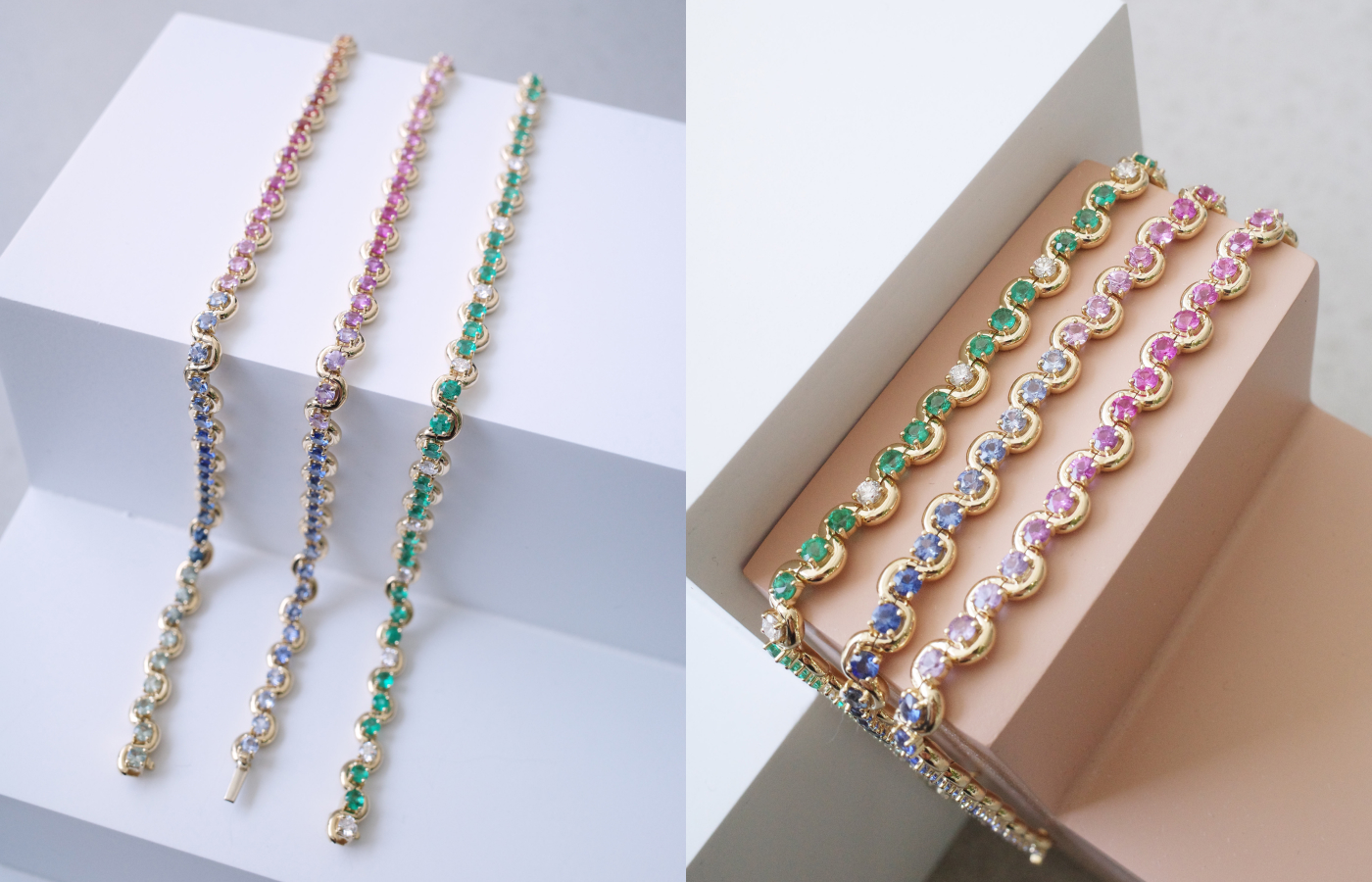 State Property Arcane Edessa tennis bracelets in gold, emerald and sapphire