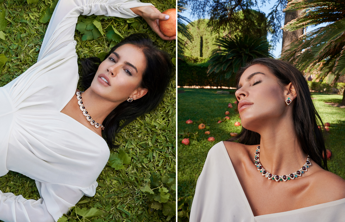 A model wears necklaces from the Jena High Jewellery collection by Al Zain