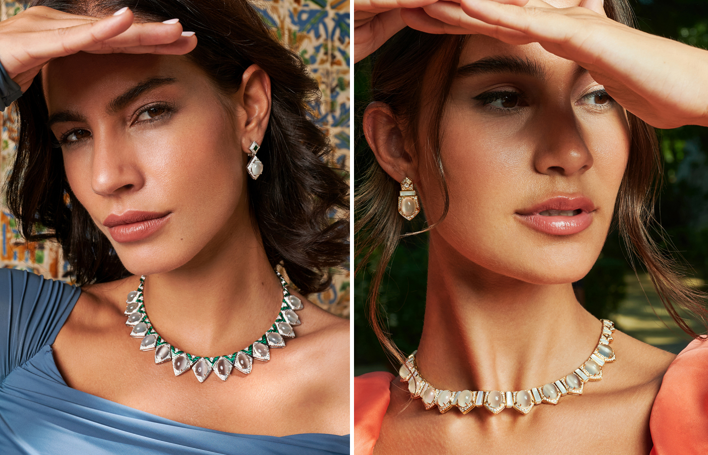 Al Zain matching sets from the Jena High Jewellery collection, including the Zara necklace and earrings (left) and the Ni’Mah earrings and necklace, both in 18k yellow gold 