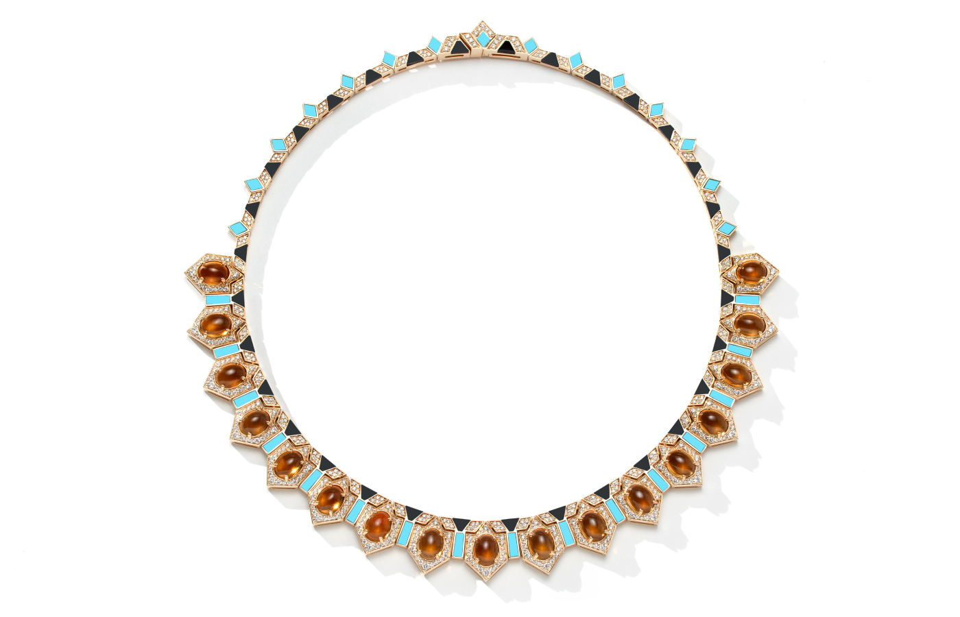 Al Zain Zara necklace with 22.32 carats of citrine, 4.15 carats of turquoise, 4.60 carats of onyx and 3.78 carats of diamonds in 18k yellow gold, from the Jena High Jewellery collection  