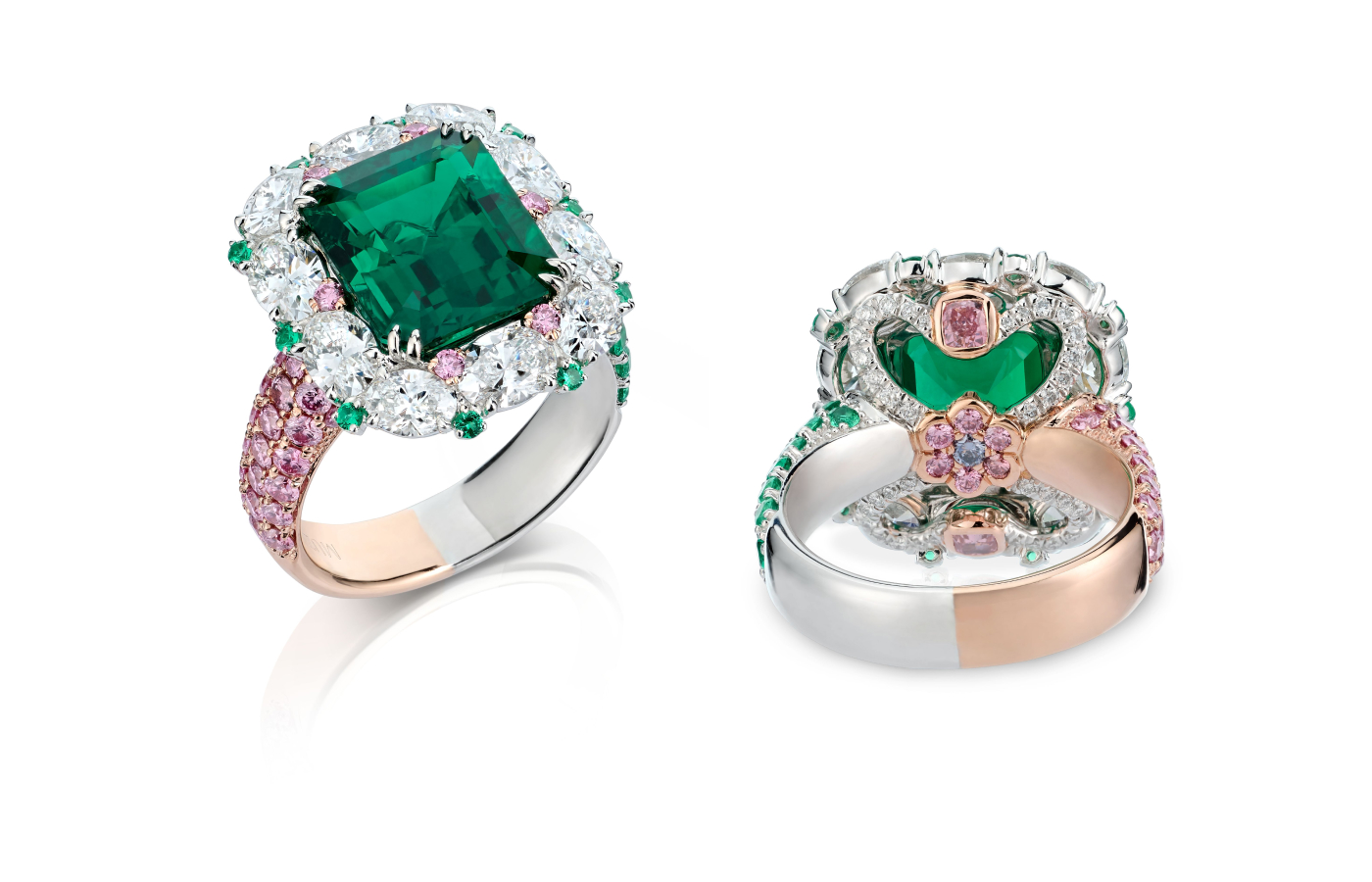  Muzo Emerald Colombia Amelia ring in gold, platinum, featuring a  5.48ct, no oil Muzo Emerald,  Argyle pink diamonds and white diamonds from the Green Jewel Tradition collection