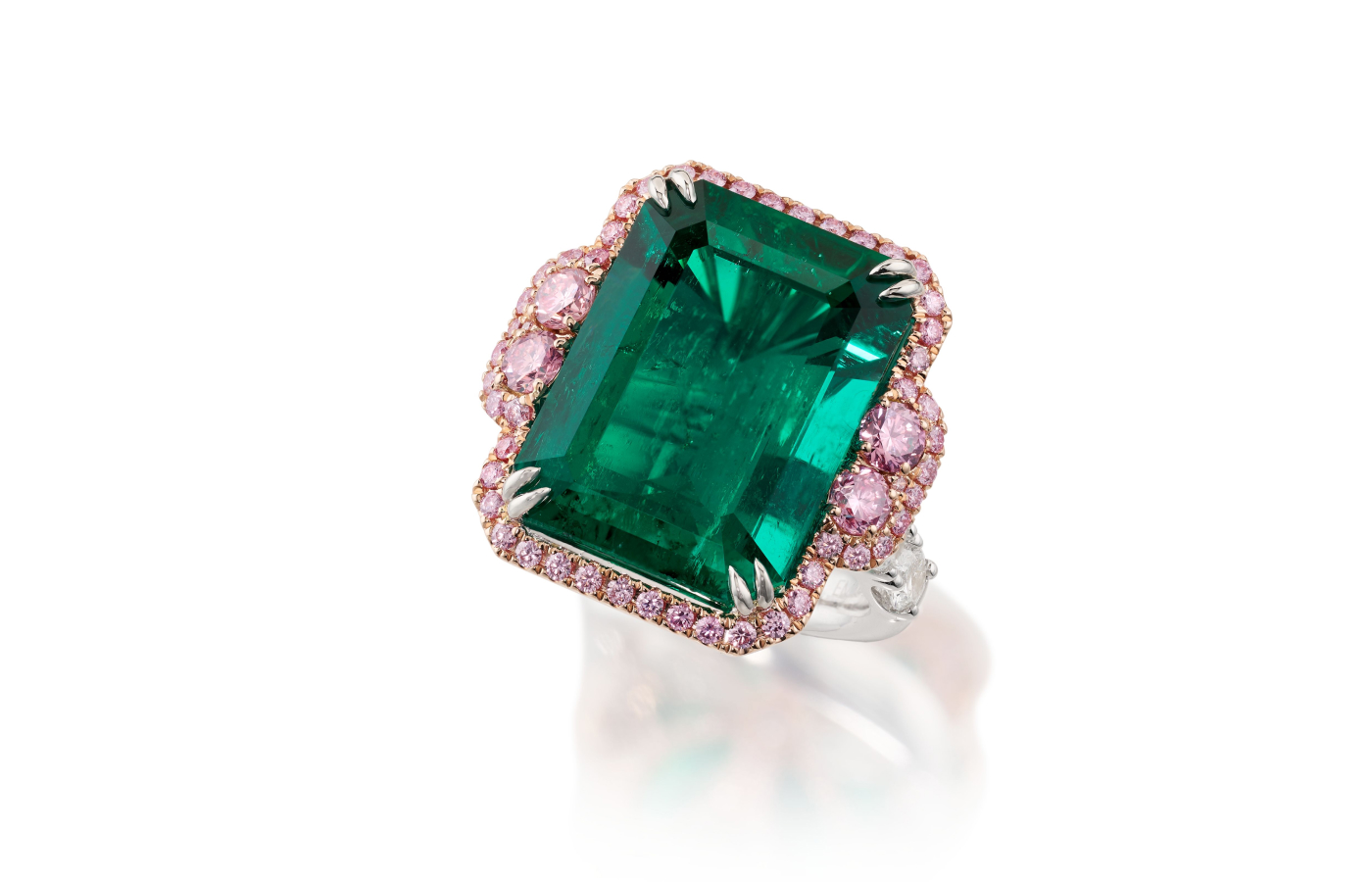 Muzo Emerald Colombia Leila ring in gold, platinum, featuring a 6.11ct, no oil Muzo Emerald set with 1.69cts of Argyle pink diamonds from the Green Jewel Tradition collection 