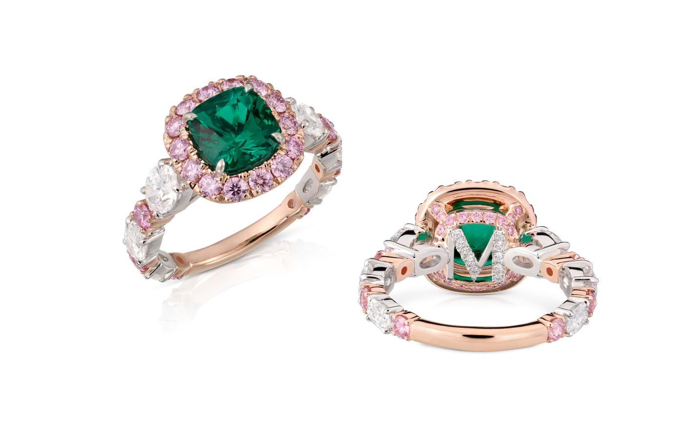  Muzo Emerald Colombia Allegra ring in gold, platinum, featuring a 1.38ct cushion shape, no oil Muzo Emerald, Argyle pink diamonds and white diamonds from the Green Jewel Tradition collection