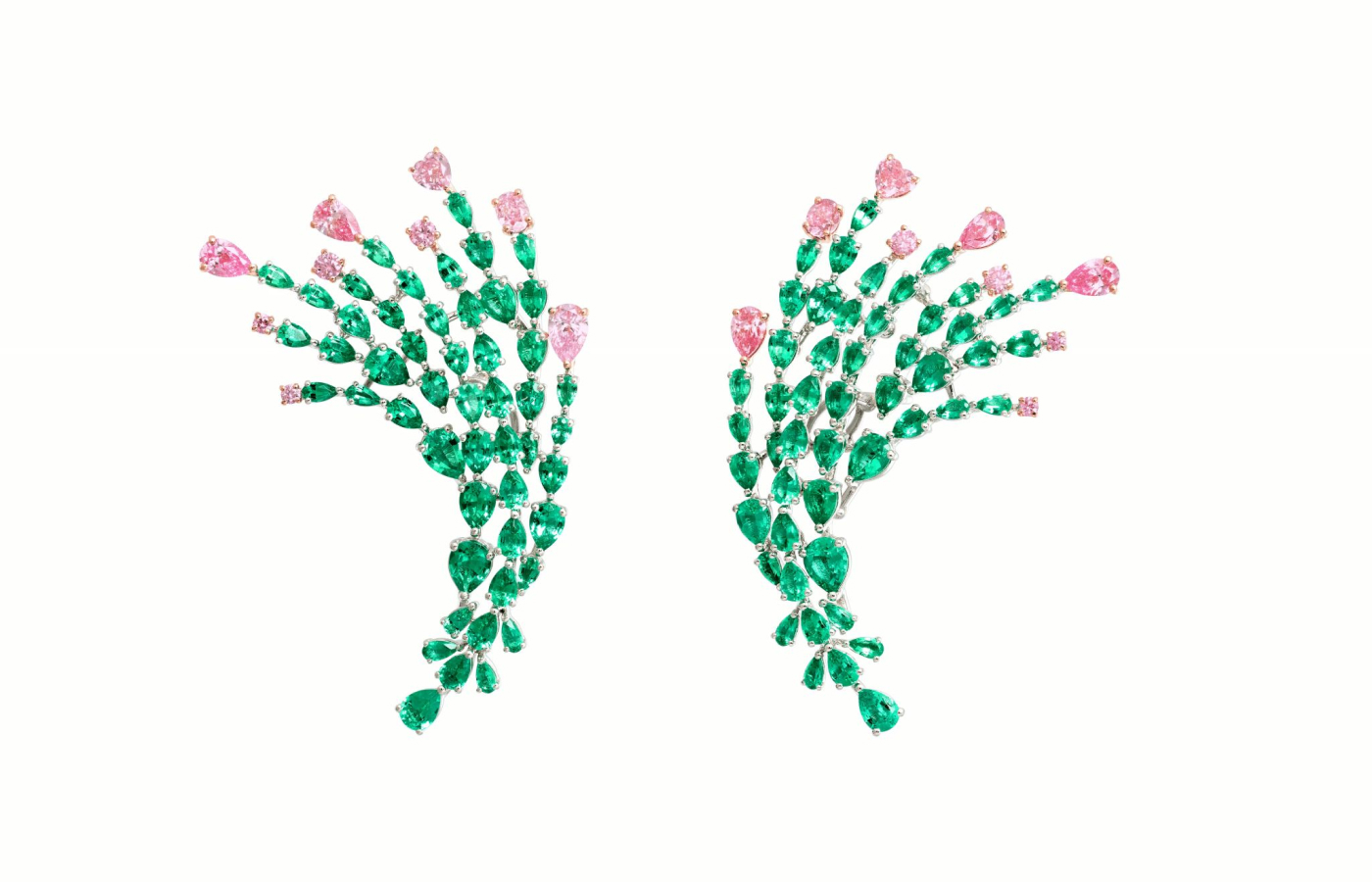  Muzo Emerald Colombia Karri earrings in gold, platinum,  Muzo Emeralds and Argyle pink diamonds from the Green Jewel Tradition collection