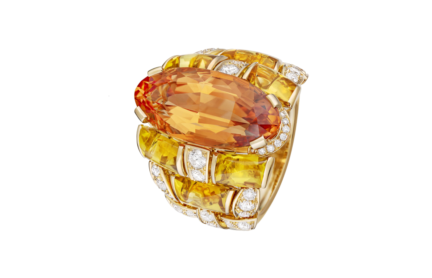  Chanel High Jewellery Tweed Solaire ring in gold, topaz, beryl and diamond, featuring a 13.35-ct marquise-cut Imperial topaz from the Tweed Again  