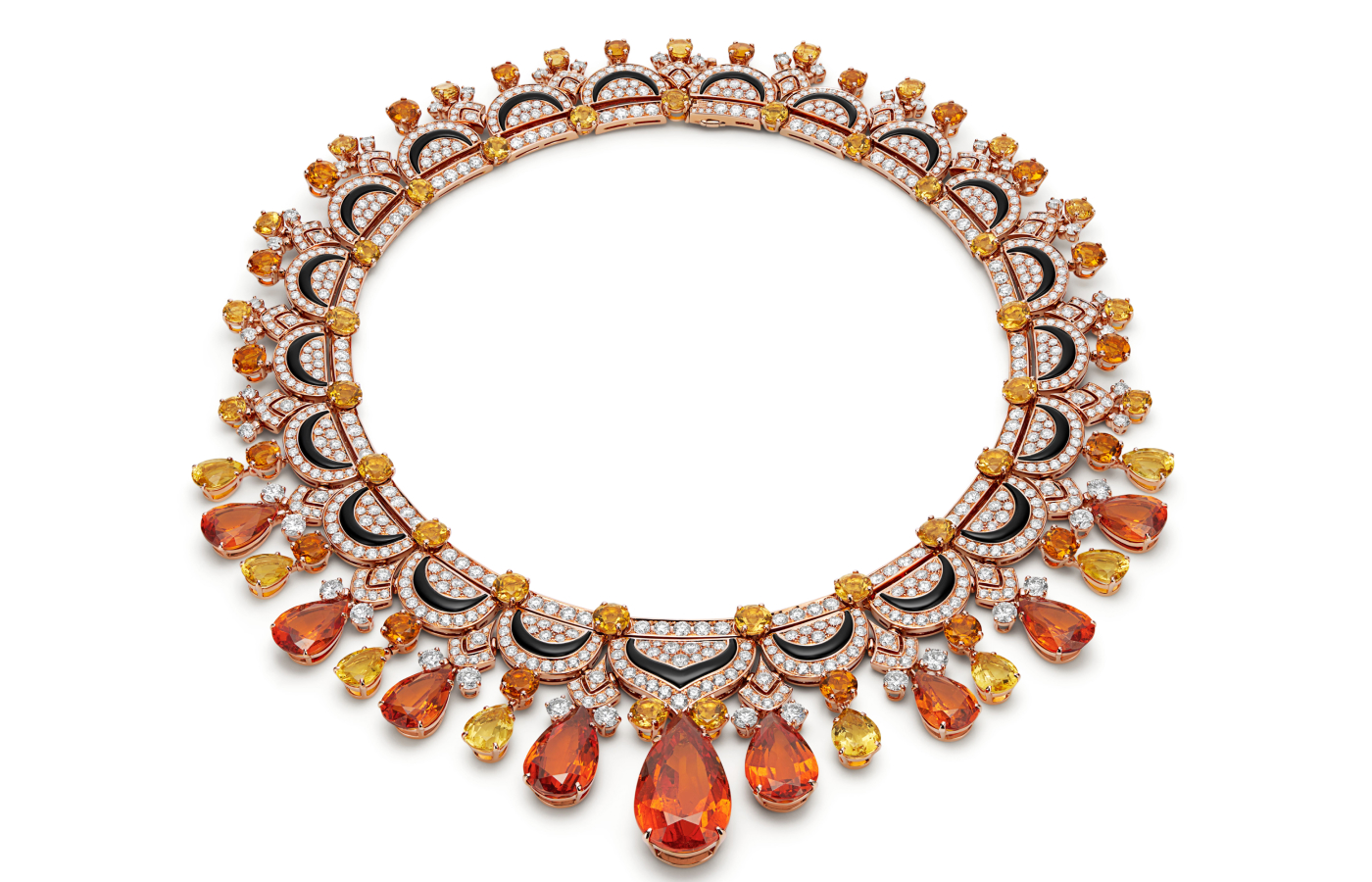  Bulgari Oriental Fantasy necklace in gold, with nine mandarine garnets of more than 90-cts, citrine, mother-of-pearl, black onyx and diamond from the East Meets West chapter of the Bulgari Mediterranea high jewellery collection