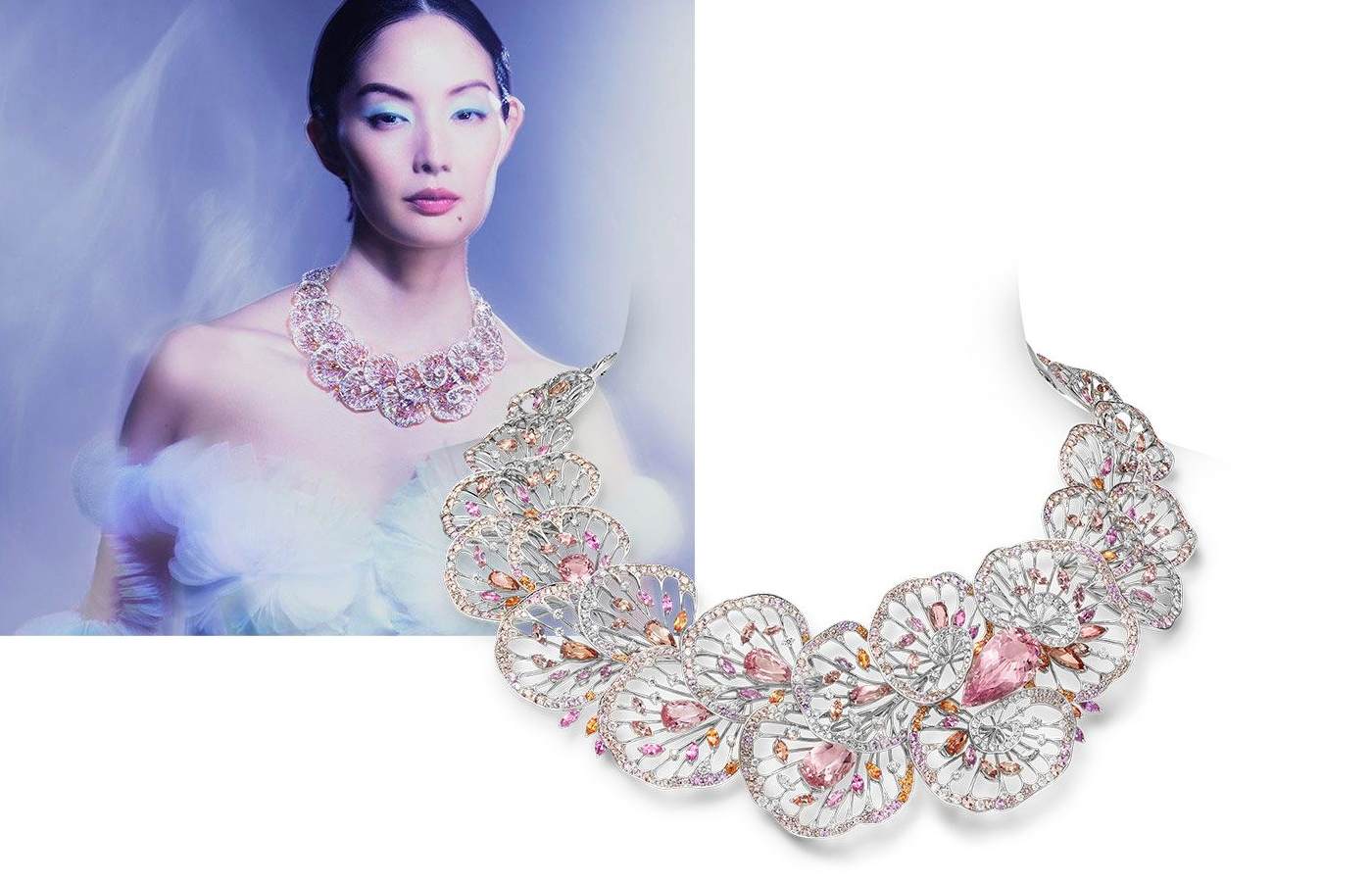 Model wearing the Mikimoto Coral high jewellery necklace in white gold, morganite, topaz, garnet, sapphire and diamond from the Praise to the Sea collection