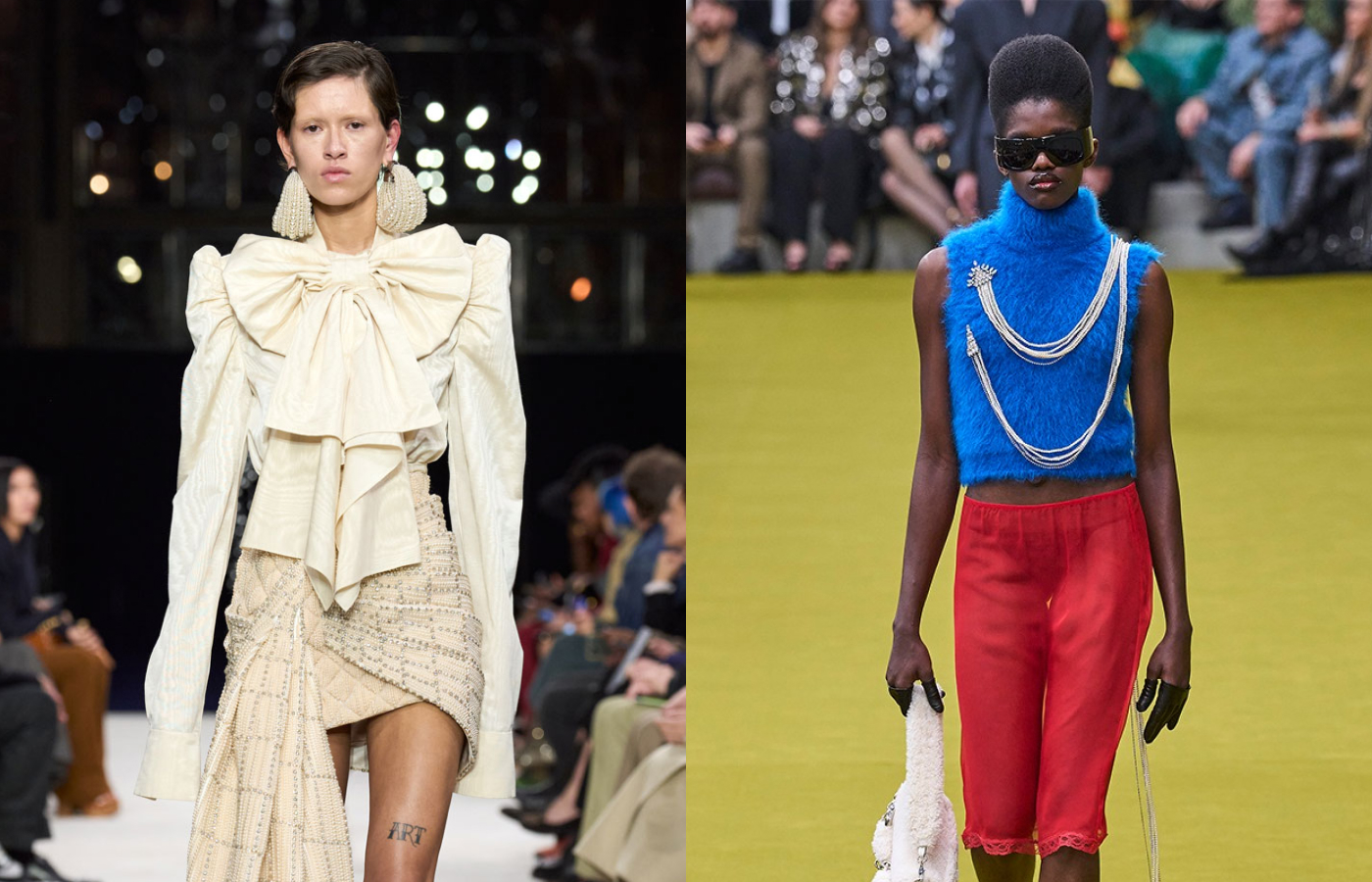 Oversized earrings at Balmain AW23/24 and necklace swags draped across the body at Gucci AW23/24