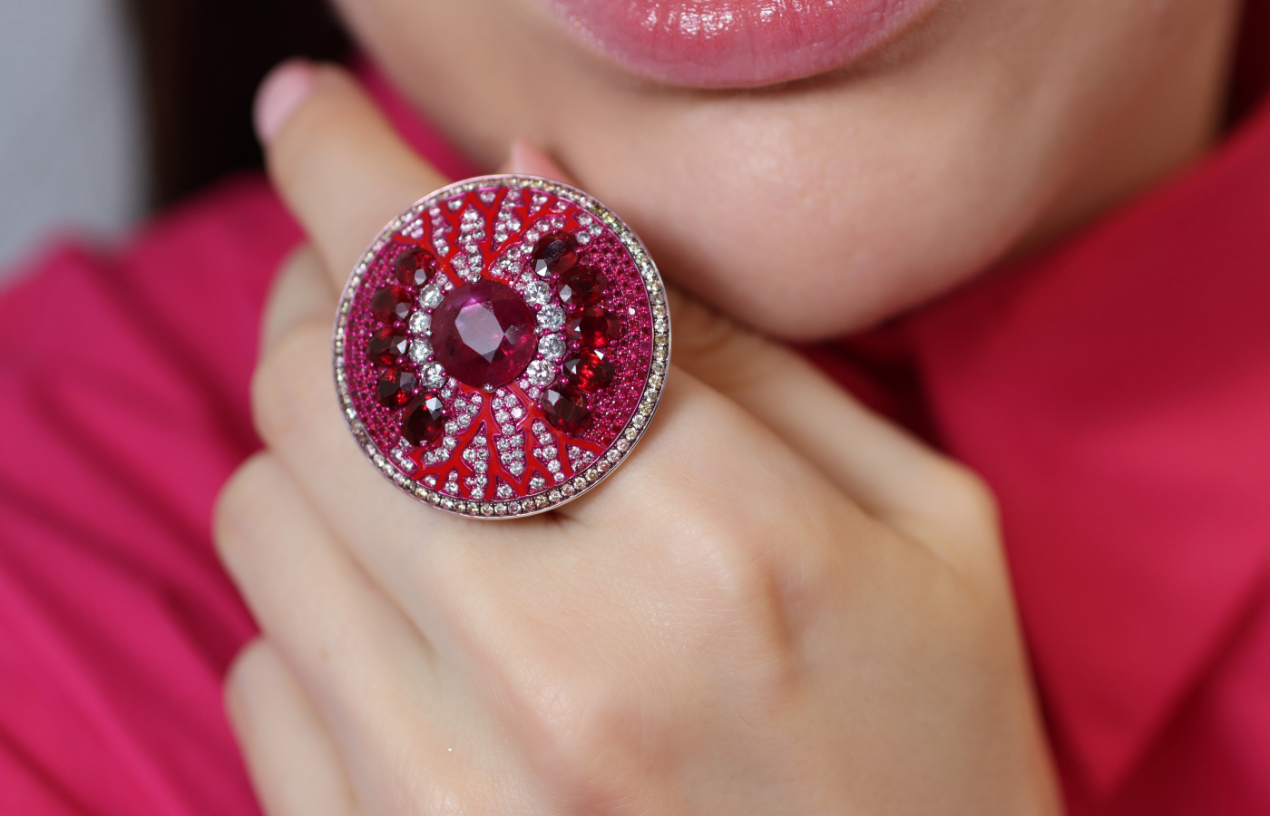Austy Lee ‘The Rubies Artery Ring’ in 18K white gold with 5.21 carats of Mozambican unheated rubies, red enamel and diamonds