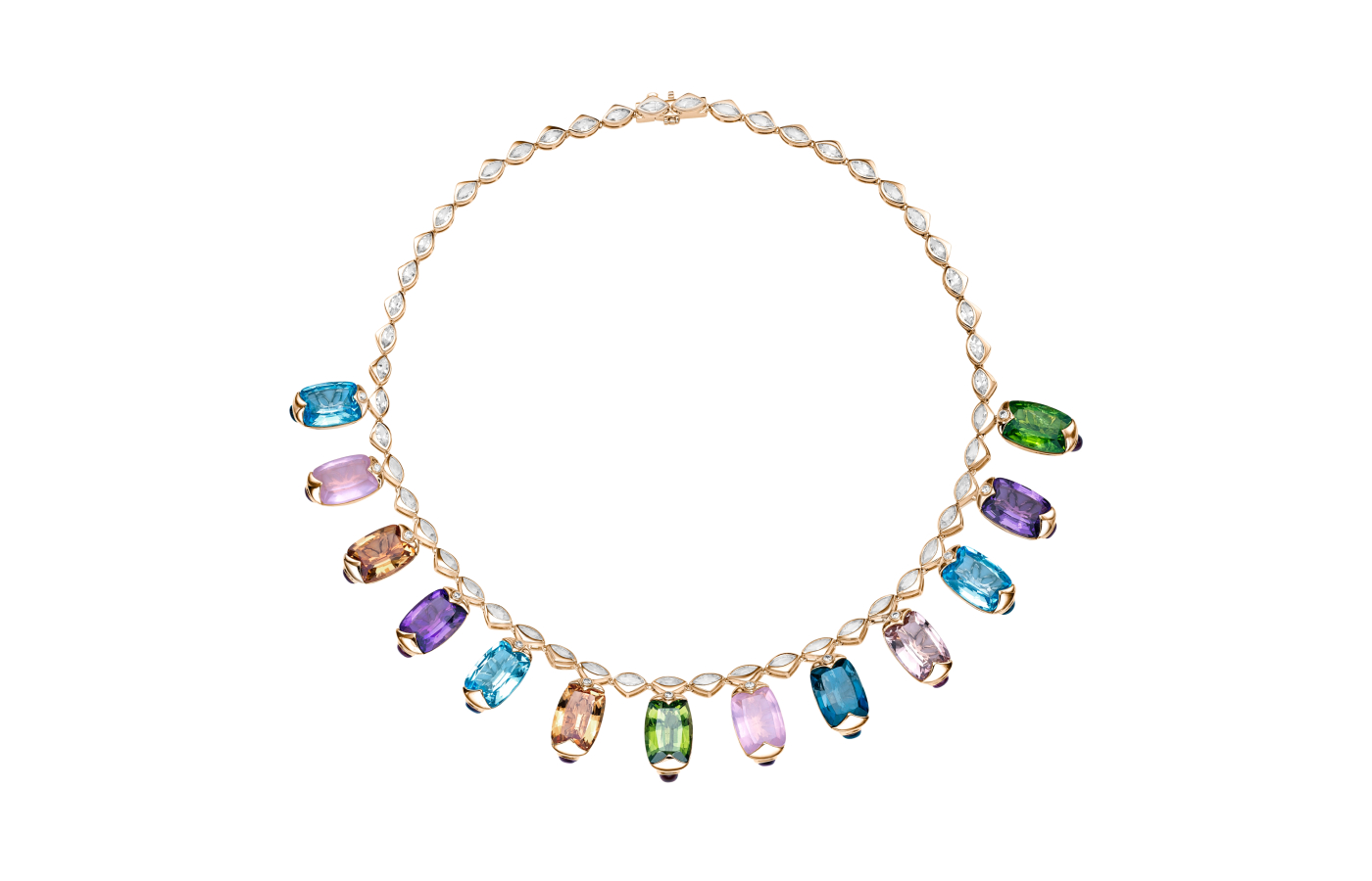  Sunita Nahata Glamorous Gemstones necklace with citrine, rose quartz, amethyst, London blue topaz, morganite, sky blue topaz, peridot, rhodolite, and diamonds