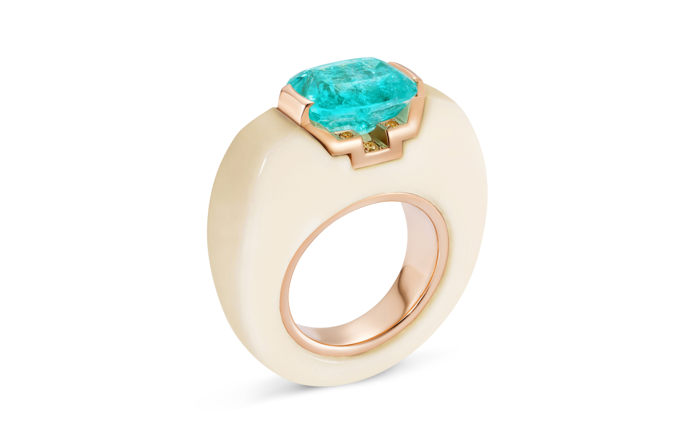  Inés Nieto ring with Paraiba tourmaline, set in rose gold, surrounded by sculpted white cacholong