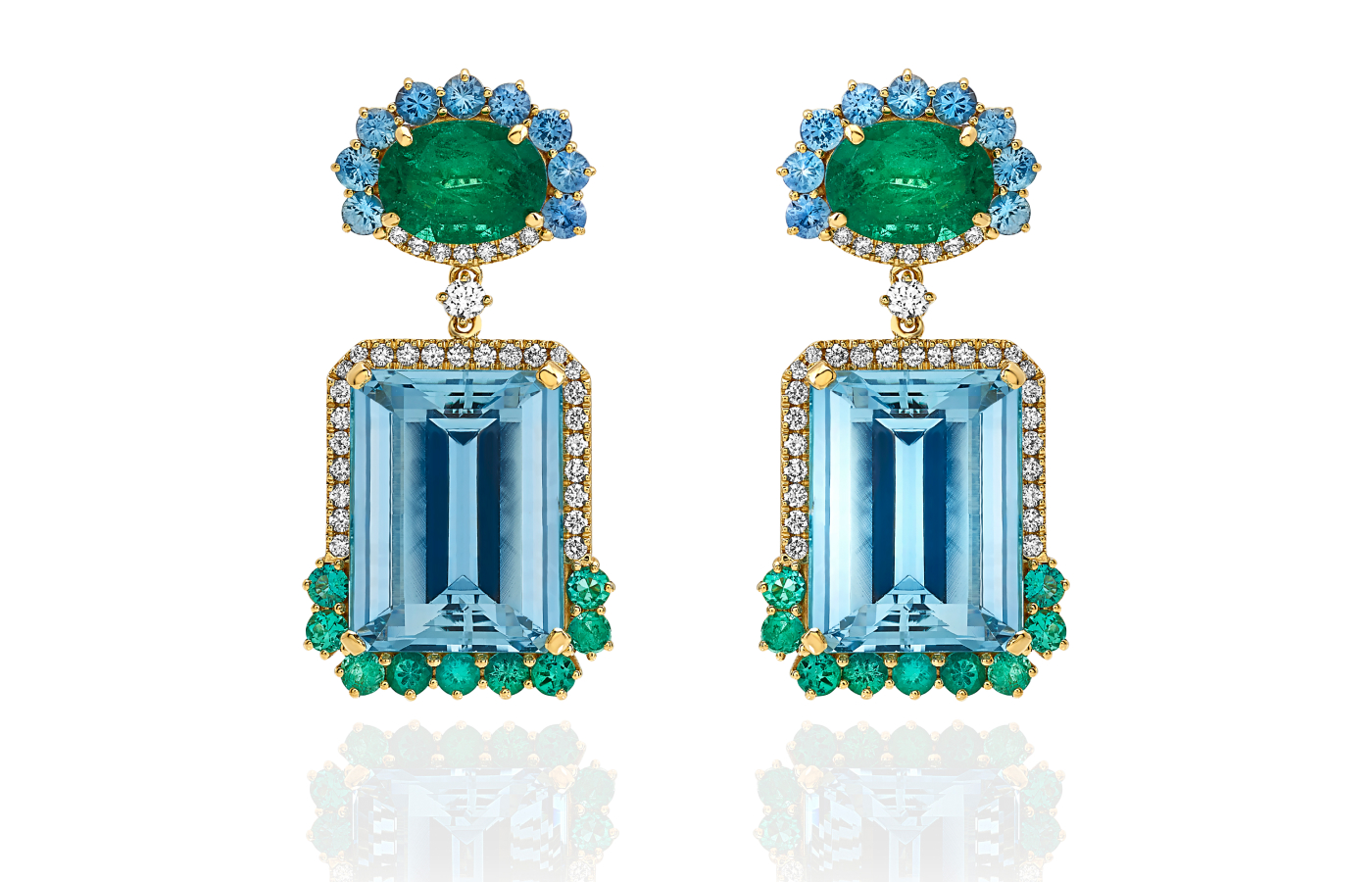  Miseno One of a Kind high jewellery earrings in 18k yellow gold with white diamonds, blue sapphires, emeralds, and 41.46 carats of aquamarine 
