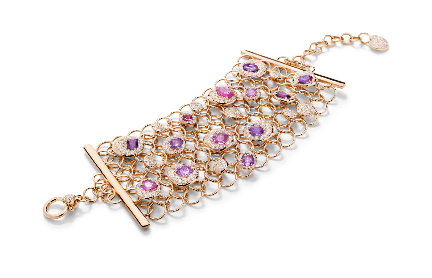  Pomellato Urban Bloom bracelet in  rose gold, pink and purple sapphires, and diamonds from the Ode to Milan High Jewellery collection
