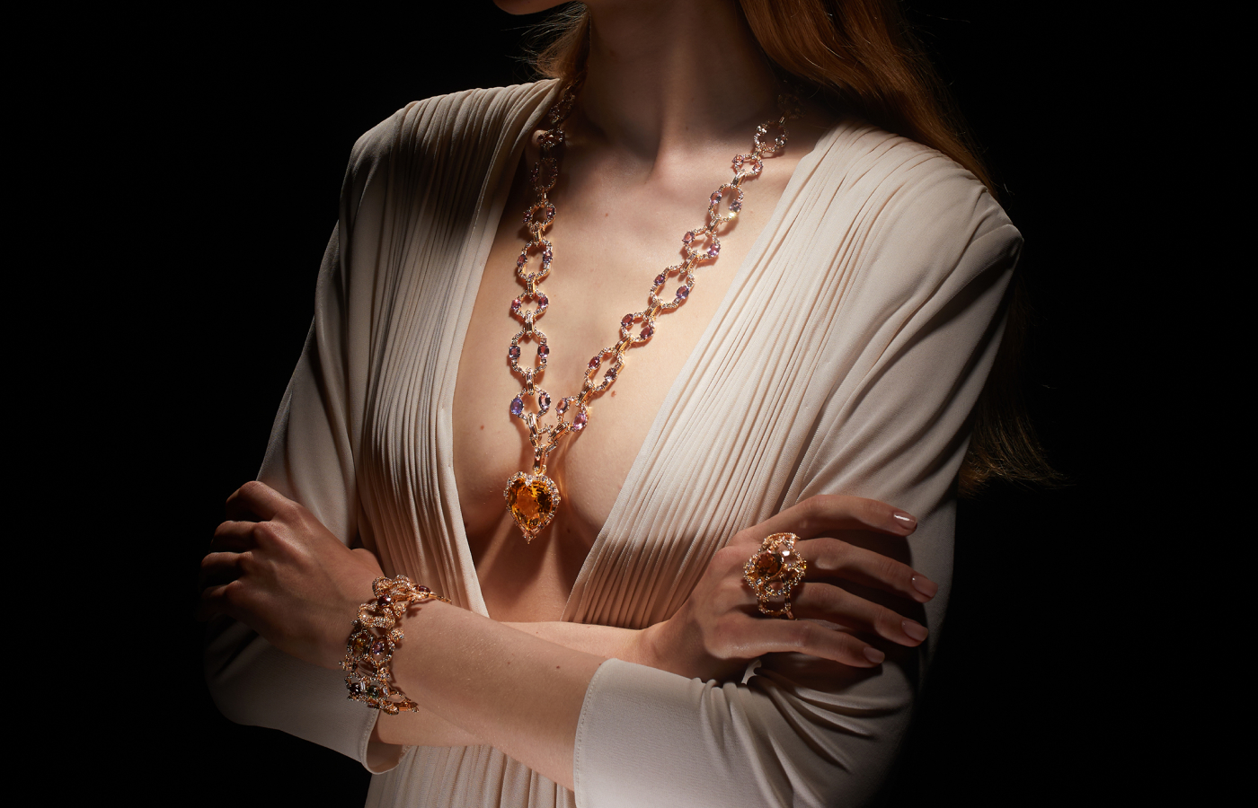 A long pendant necklace with a heart-shaped drop from the Gucci Allegoria High Jewellery collection 