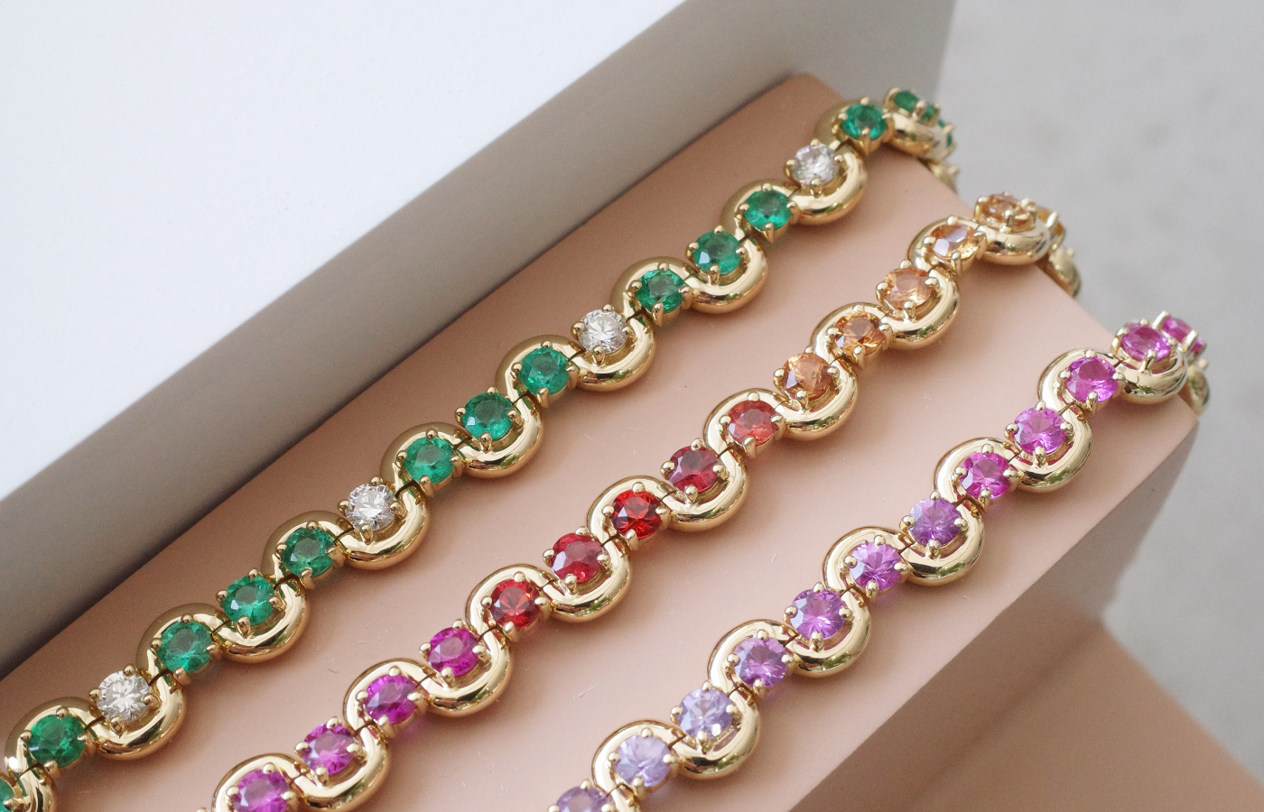  Edessa tennis bracelets with coloured gemstones and diamonds by State Property