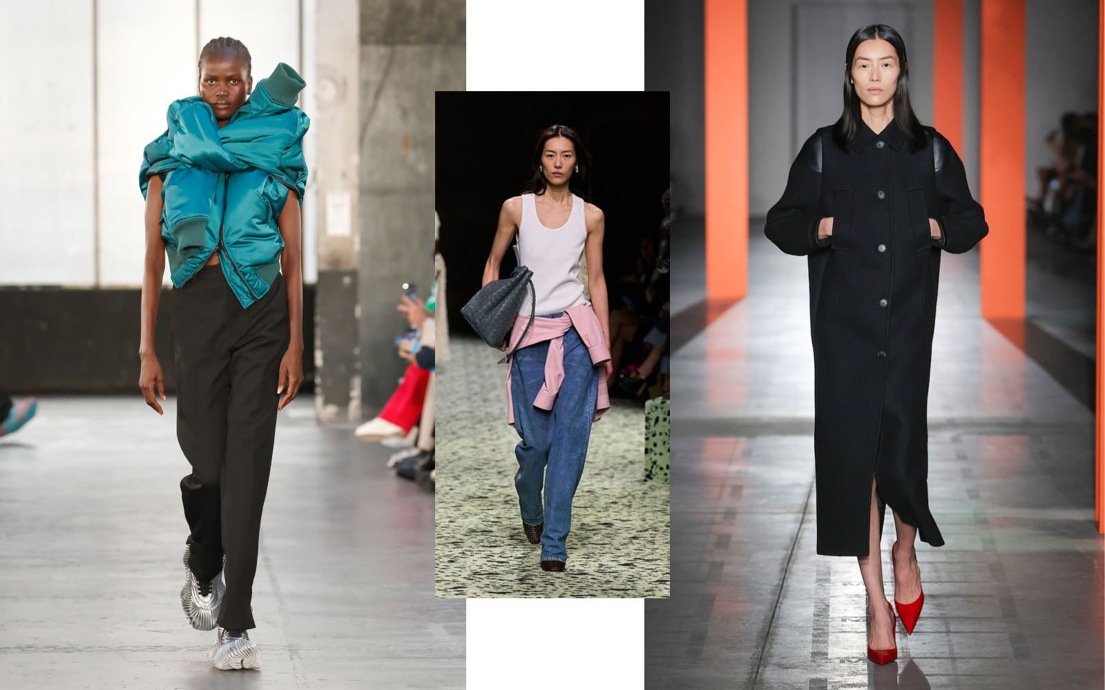 Pops of colour against more neutral outfits on the AW23/24 runways at Bottega Veneta, Botter and Prada