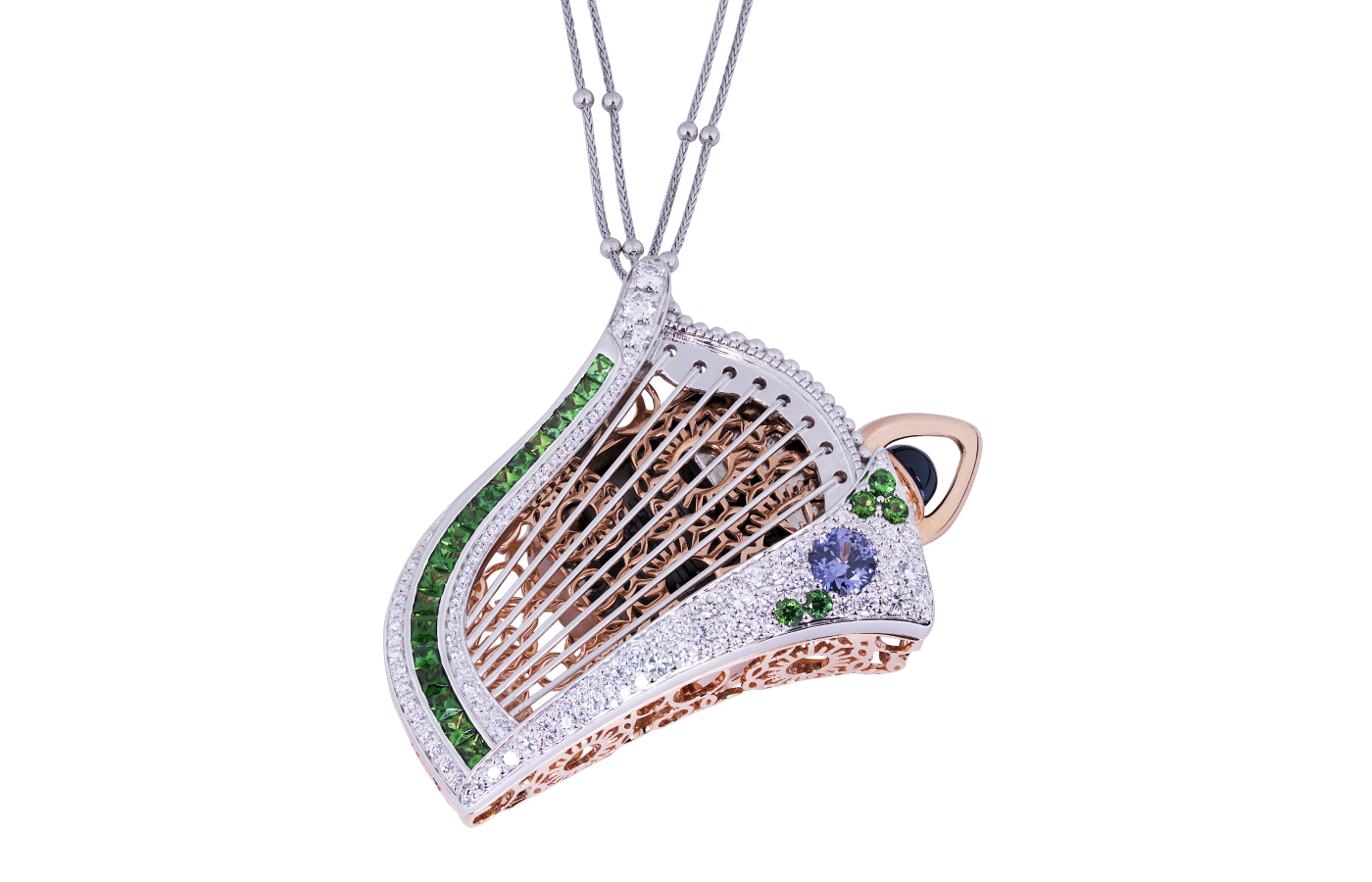  Simone Jewels Bombshell Music Box pendant in white gold, rose gold, blue spinel, tourmaline, Tahitian pearl and diamond