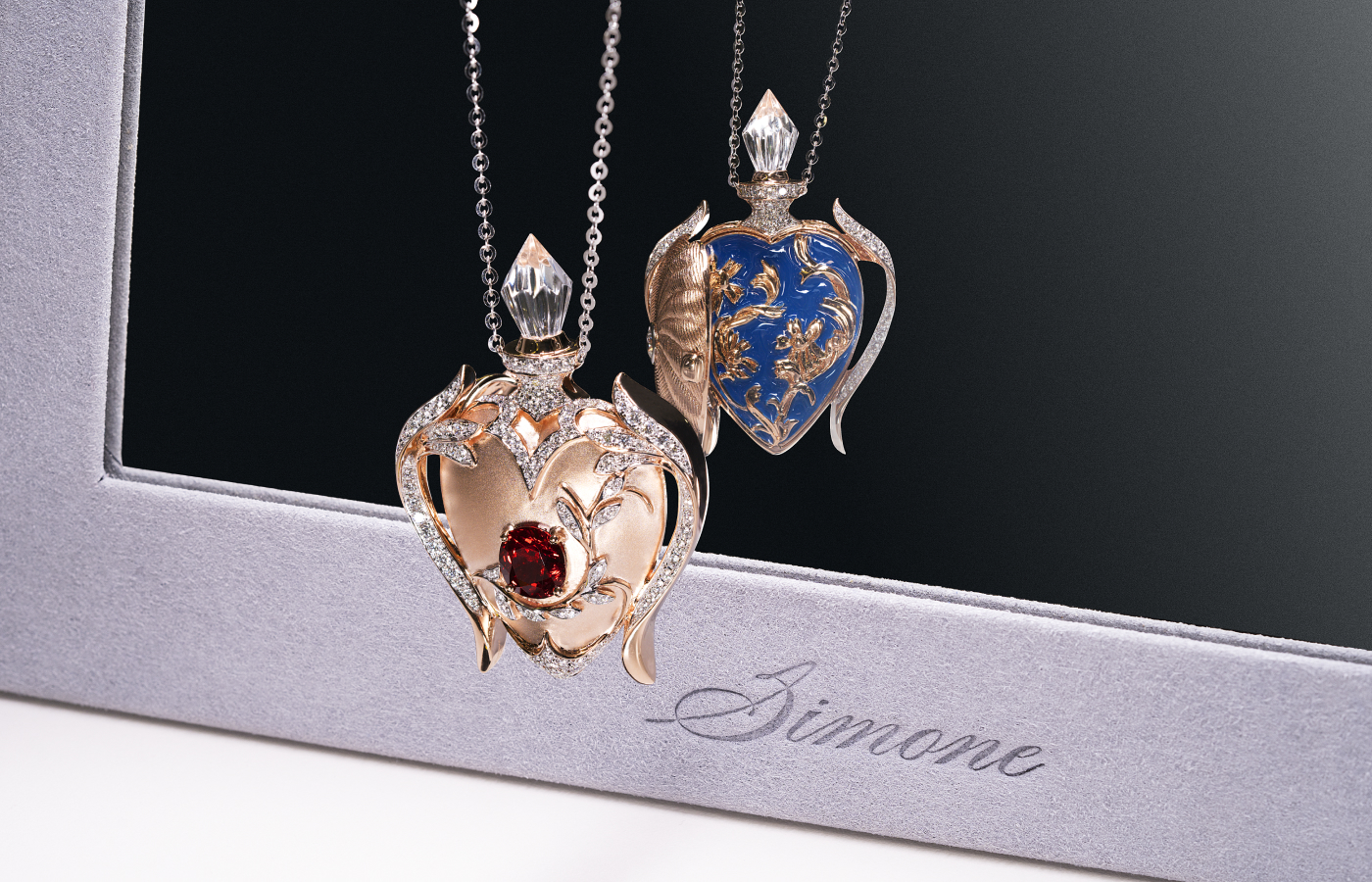 Simone Jewels From Europe with Love Royal Perfume pendants in rose gold, white gold, enamel, featuring Burmese red spinel, white quartz and diamond