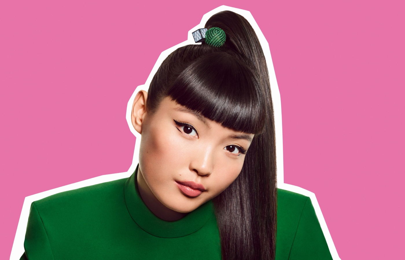 Model wearing Boucheron hair jewel in titanium, lacquer, tsavorite and mother- of-pearl from the More is More collection