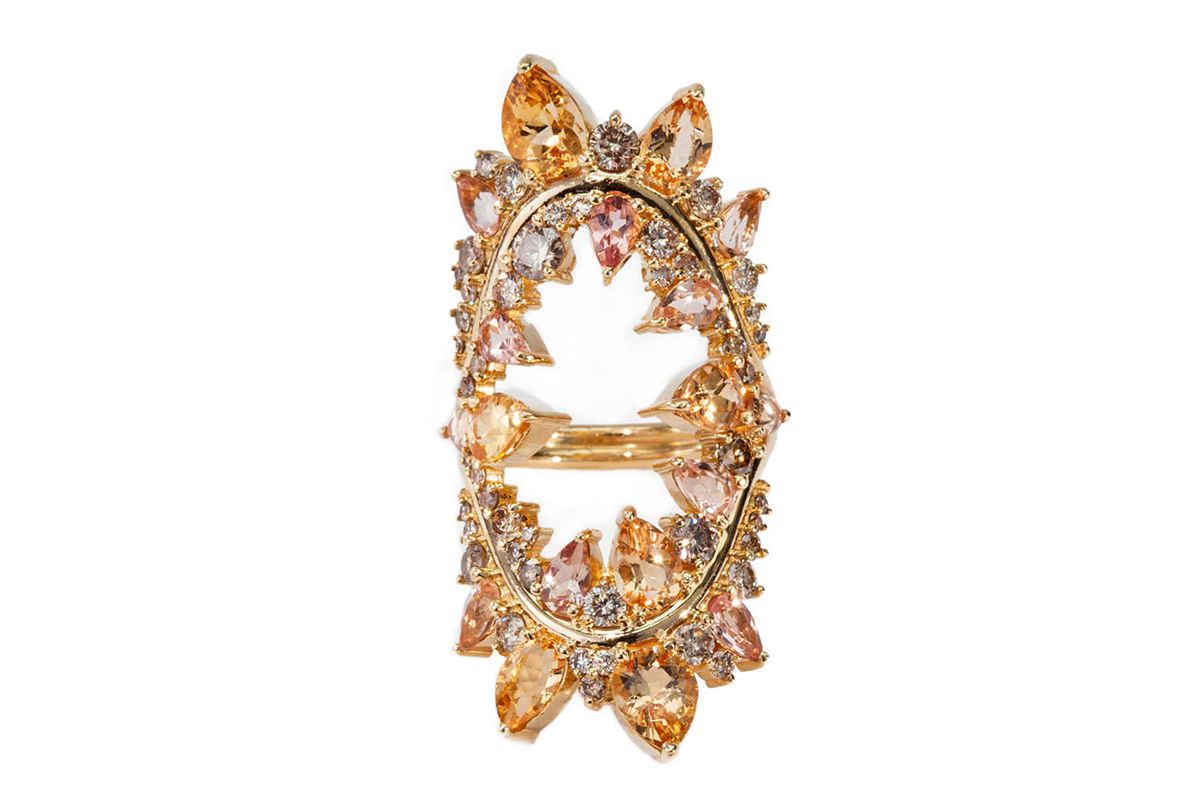  Fernando Jorge Electric Shock ring in yellow gold with white and brown diamonds and Imperial topaz